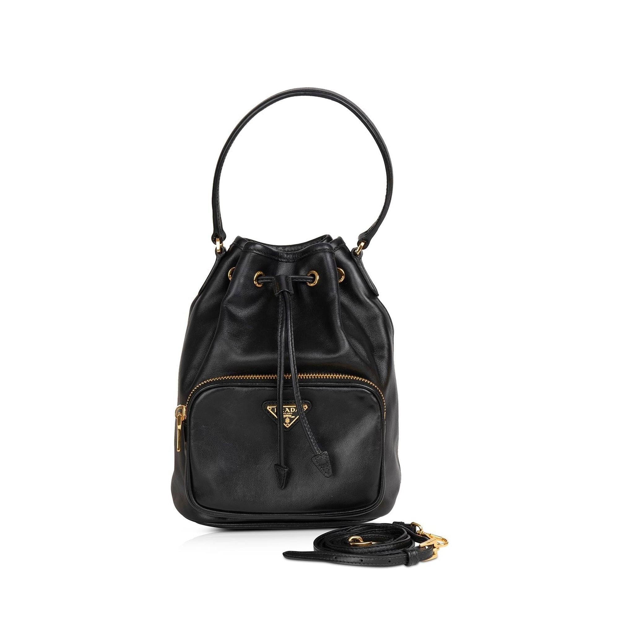 Prada Small Leather Drawstring Bucket Bag w/ Crossbody Strap
