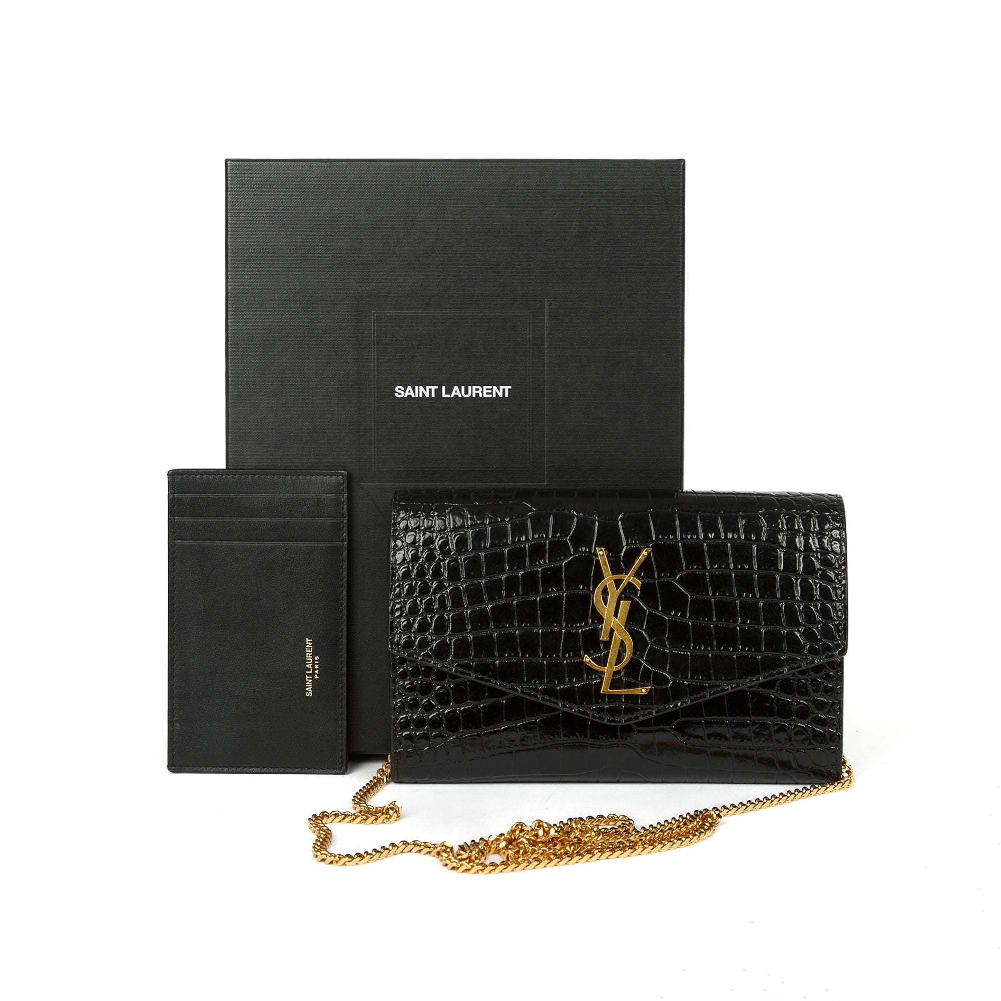 Saint Laurent 2021 Crocodile-Embossed Uptown Chain Wallet w/ Box