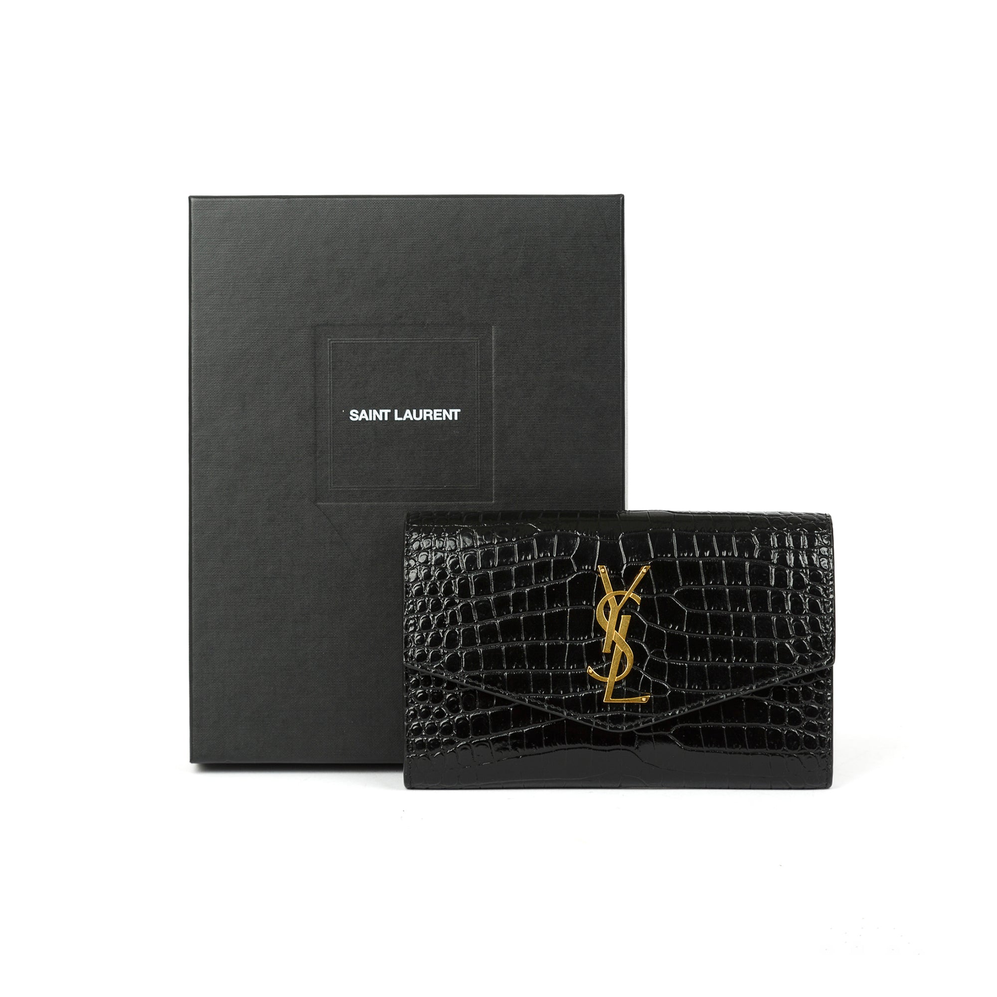 Saint Laurent 2021 Crocodile-Embossed Uptown Chain Wallet w/ Box