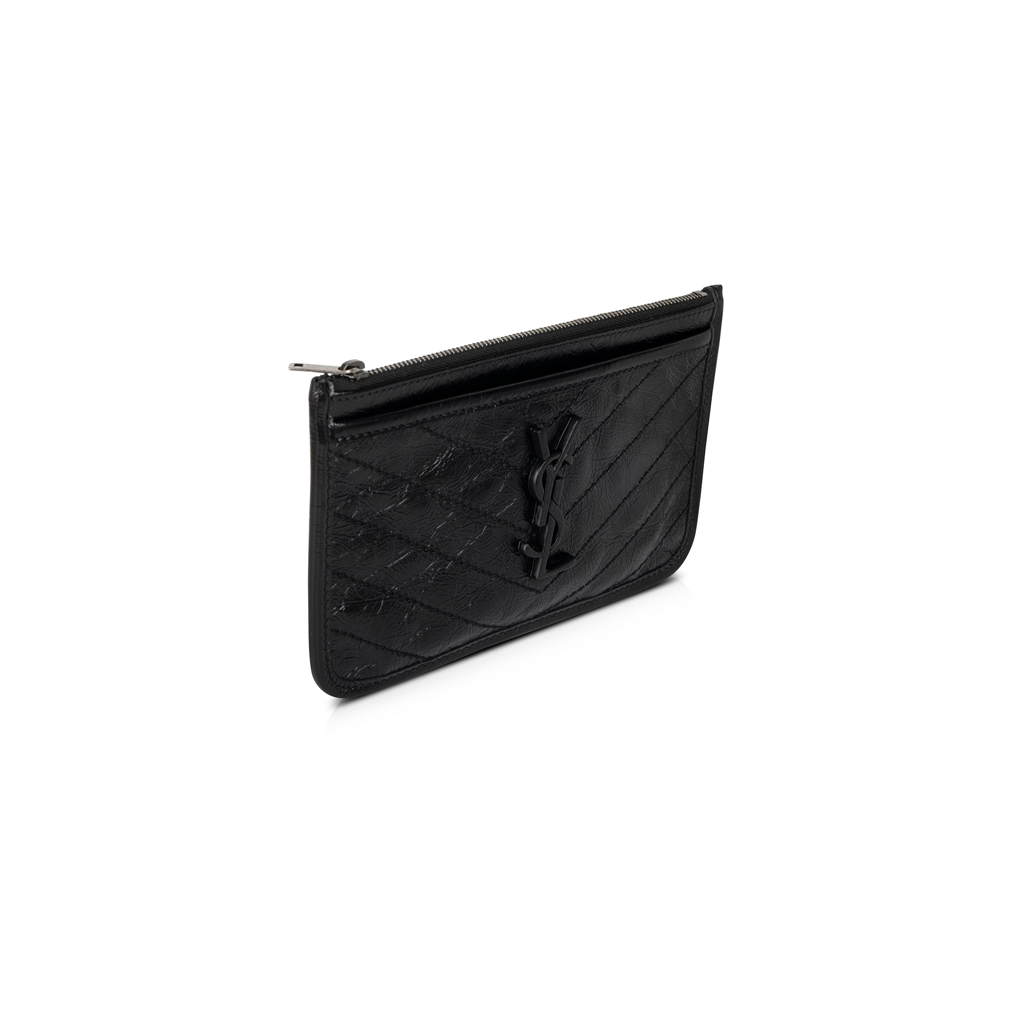 Saint Laurent Black Crinkled Calfskin Matelasse Leather Monogram Niki Bill Pouch