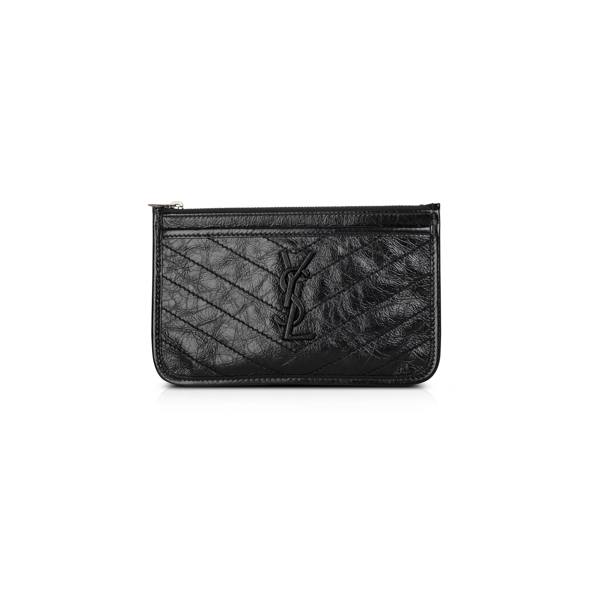 Saint Laurent Black Crinkled Calfskin Matelasse Leather Monogram Niki Bill Pouch