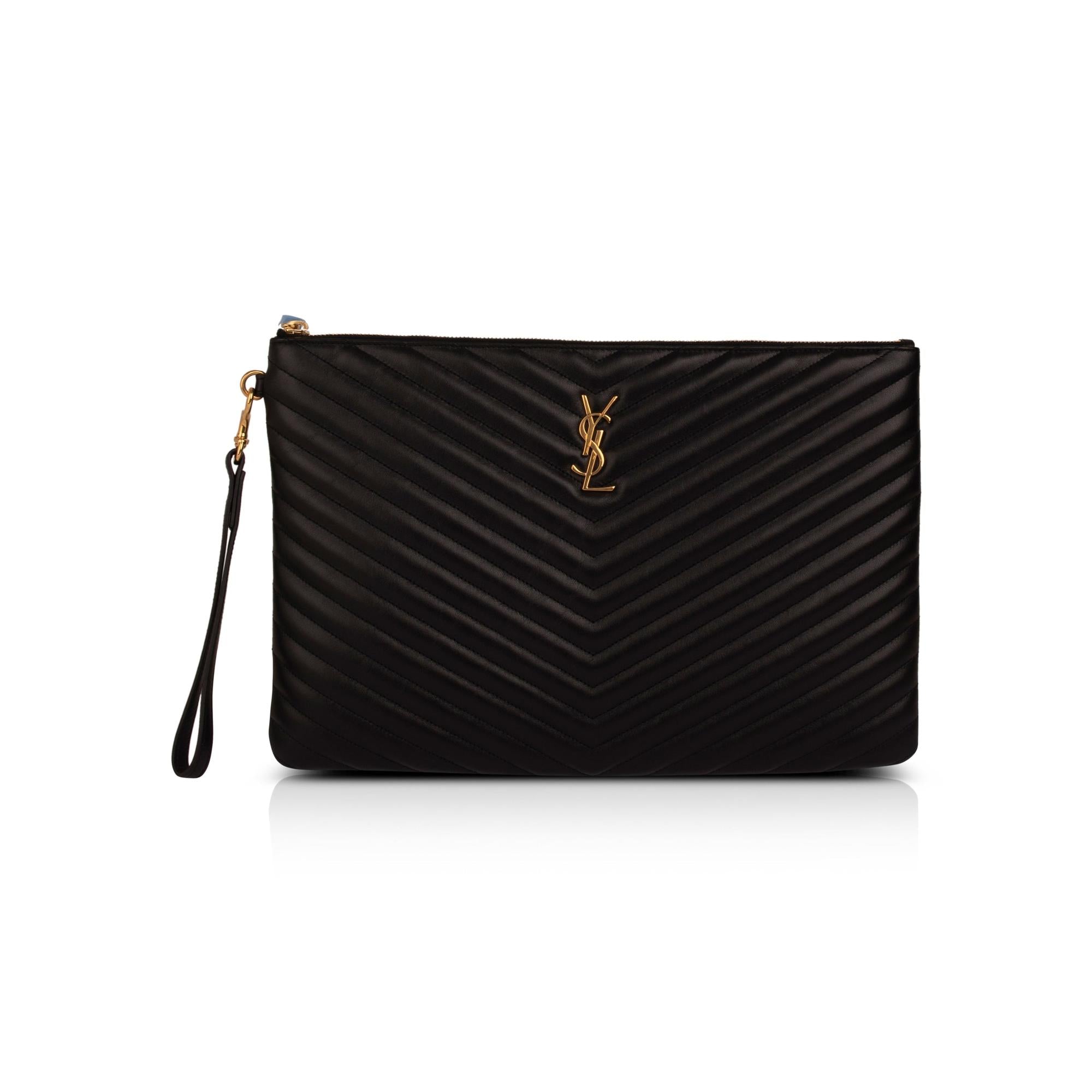 Saint Laurent Black Matelasse Document Holder w/ Strap