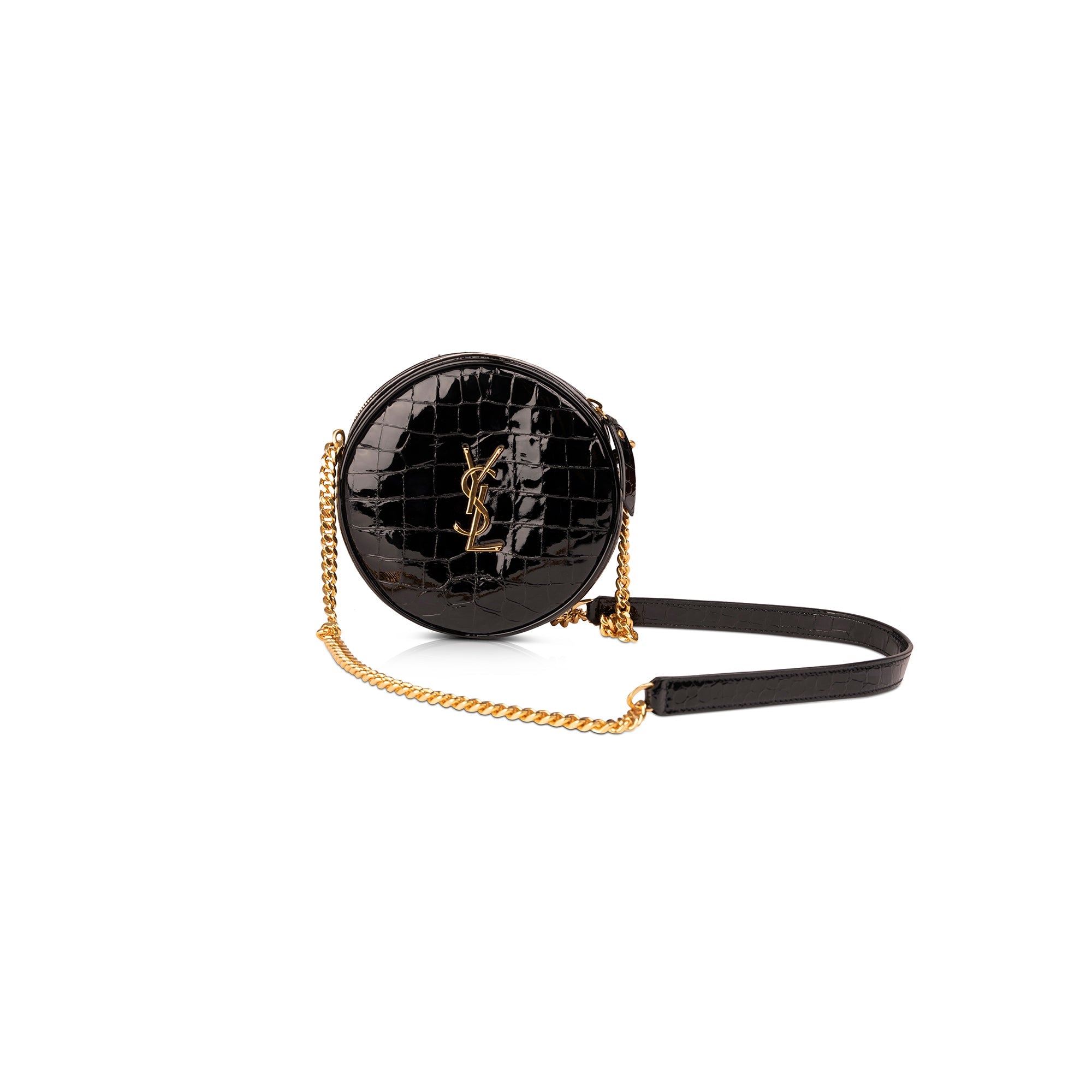 Saint Laurent Croc Embossed Patent Leather Round Monogram Camera Bag w/ Box