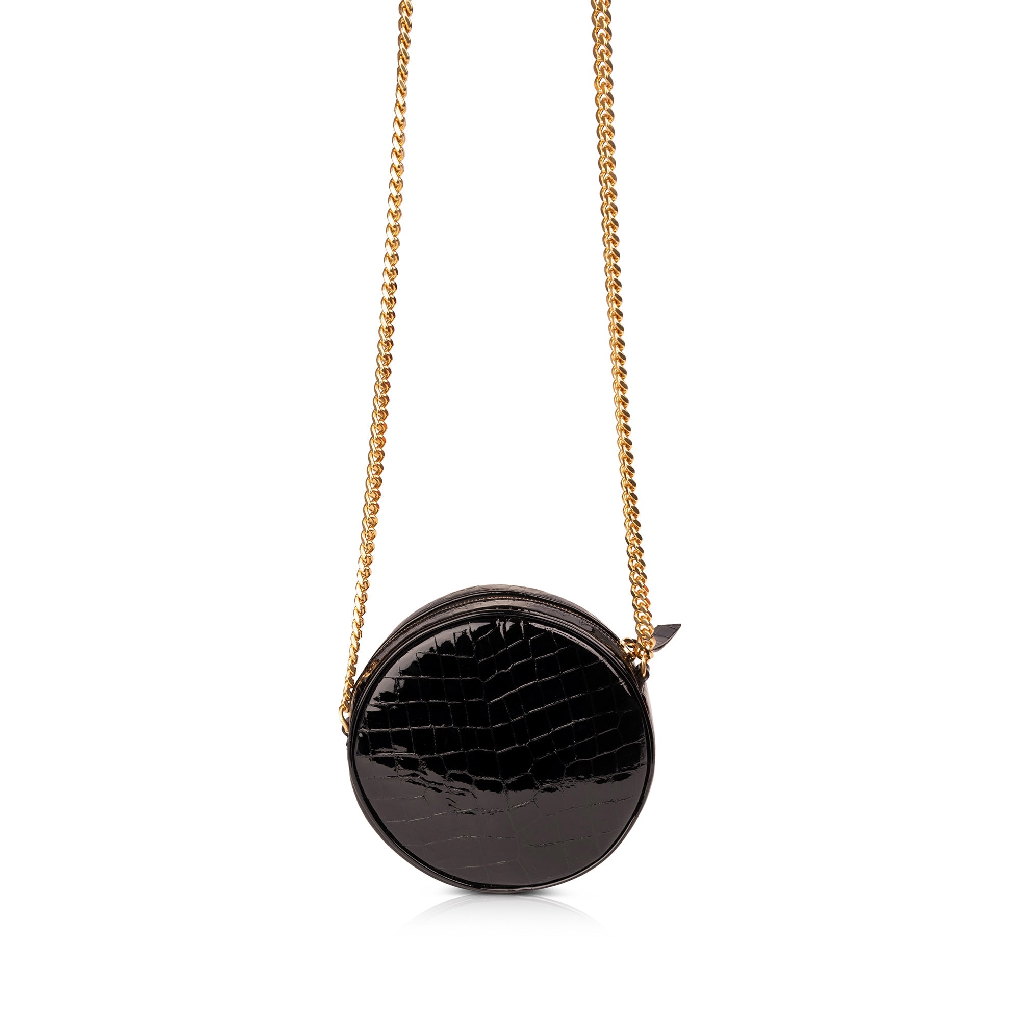 Saint Laurent Croc Embossed Patent Leather Round Monogram Camera Bag w/ Box