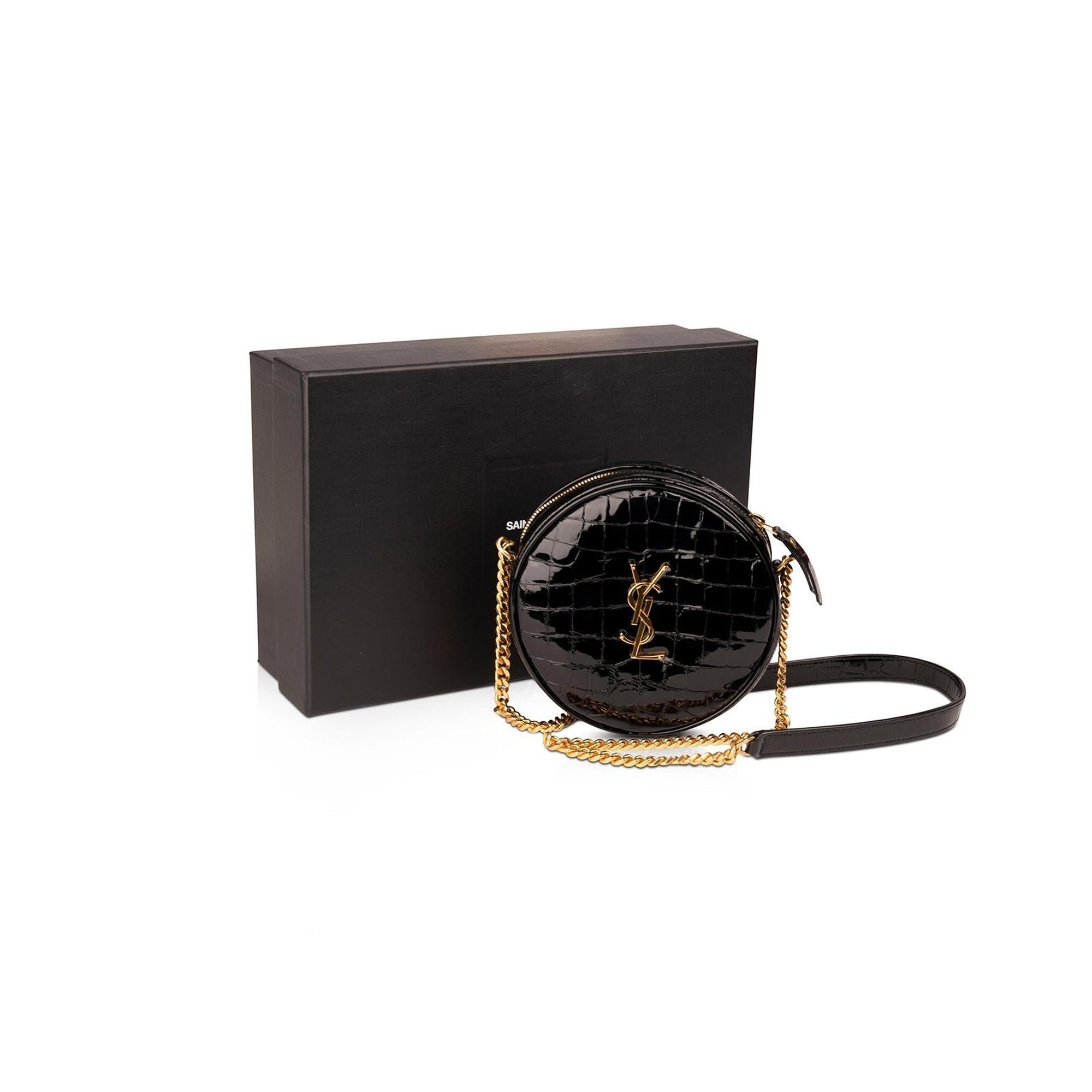 Saint Laurent Croc Embossed Patent Leather Round Monogram Camera Bag w/ Box