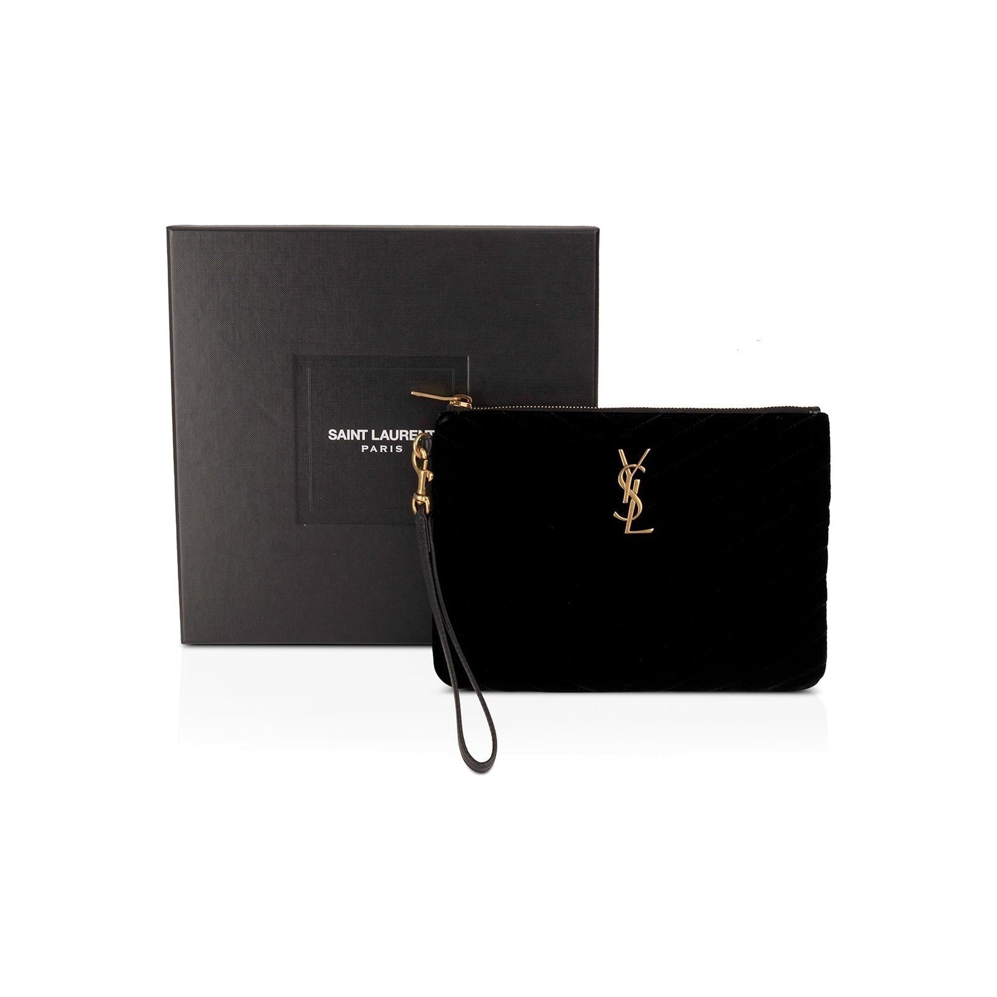 Saint Laurent Velvet Cassandre Wrist Pouch w/ Box