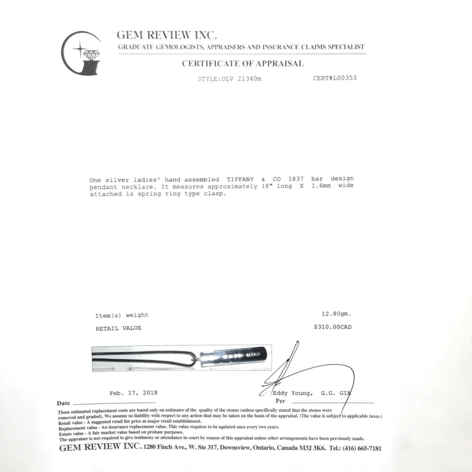 Tiffany & Co 1837 Bar Design Pendant Necklace in Sterling Silver