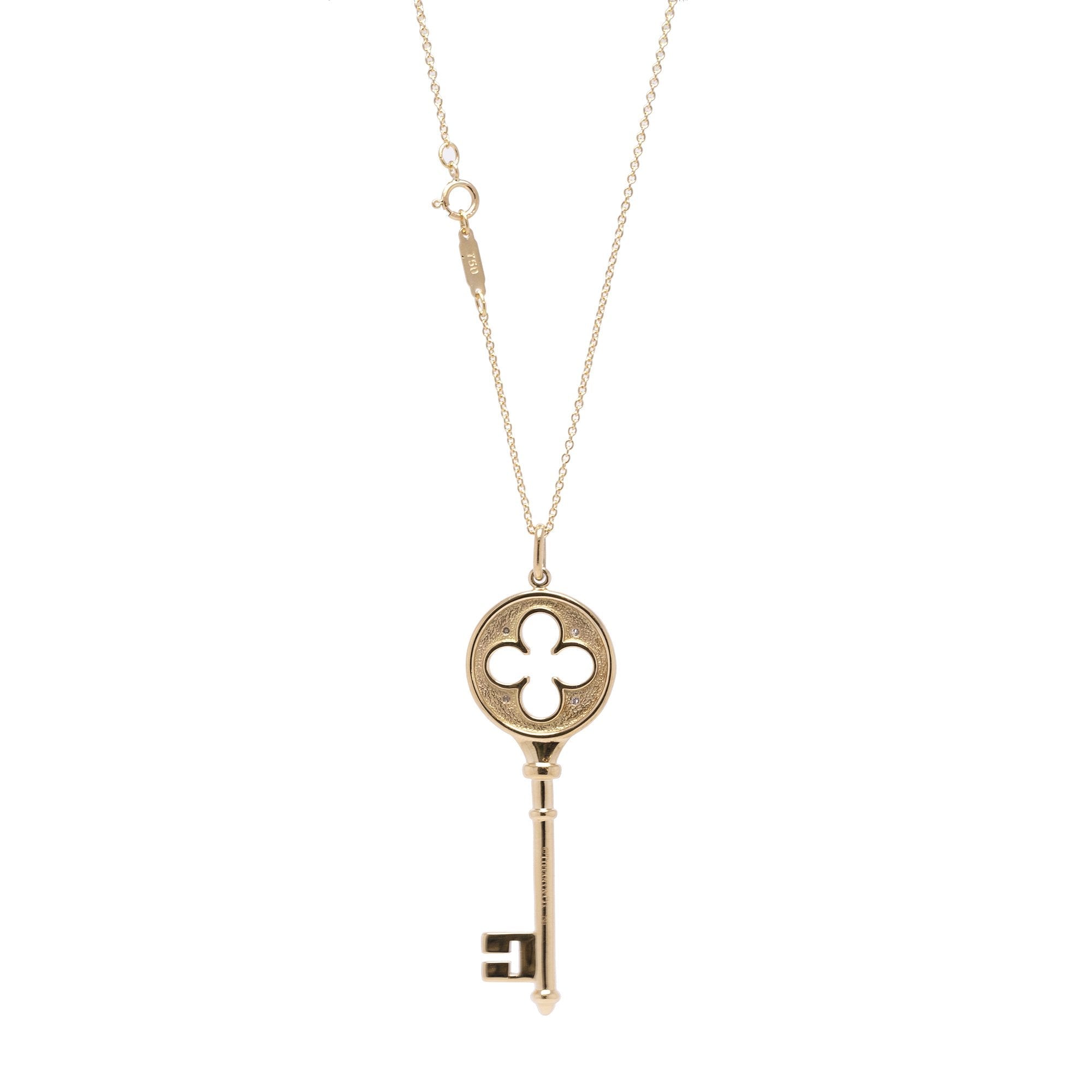 Tiffany & Co. 18k Gold Diamond Clover Key Pendant Necklace