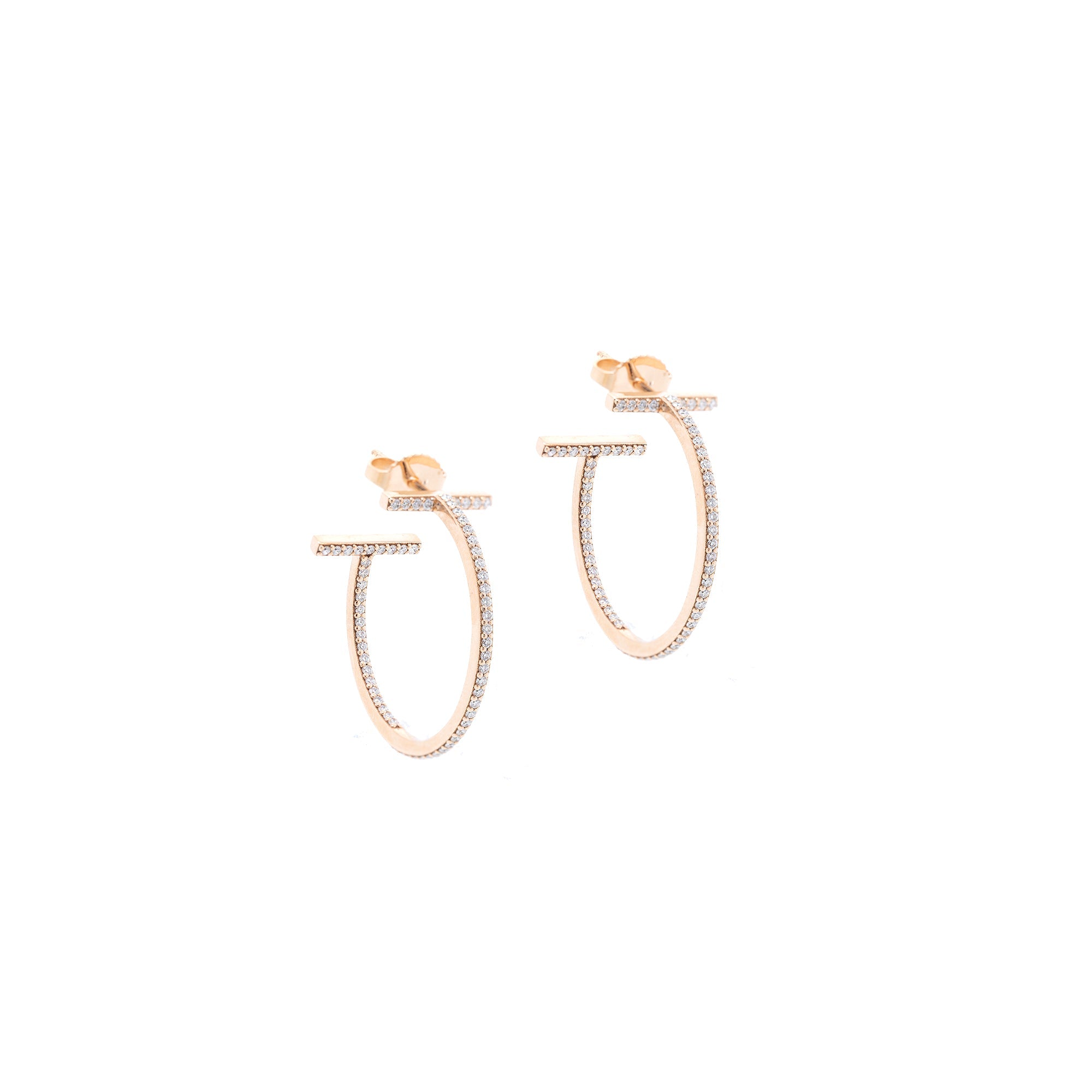Tiffany & Co. 18k Rose Gold T Diamond Hoop Earrings w/ Box