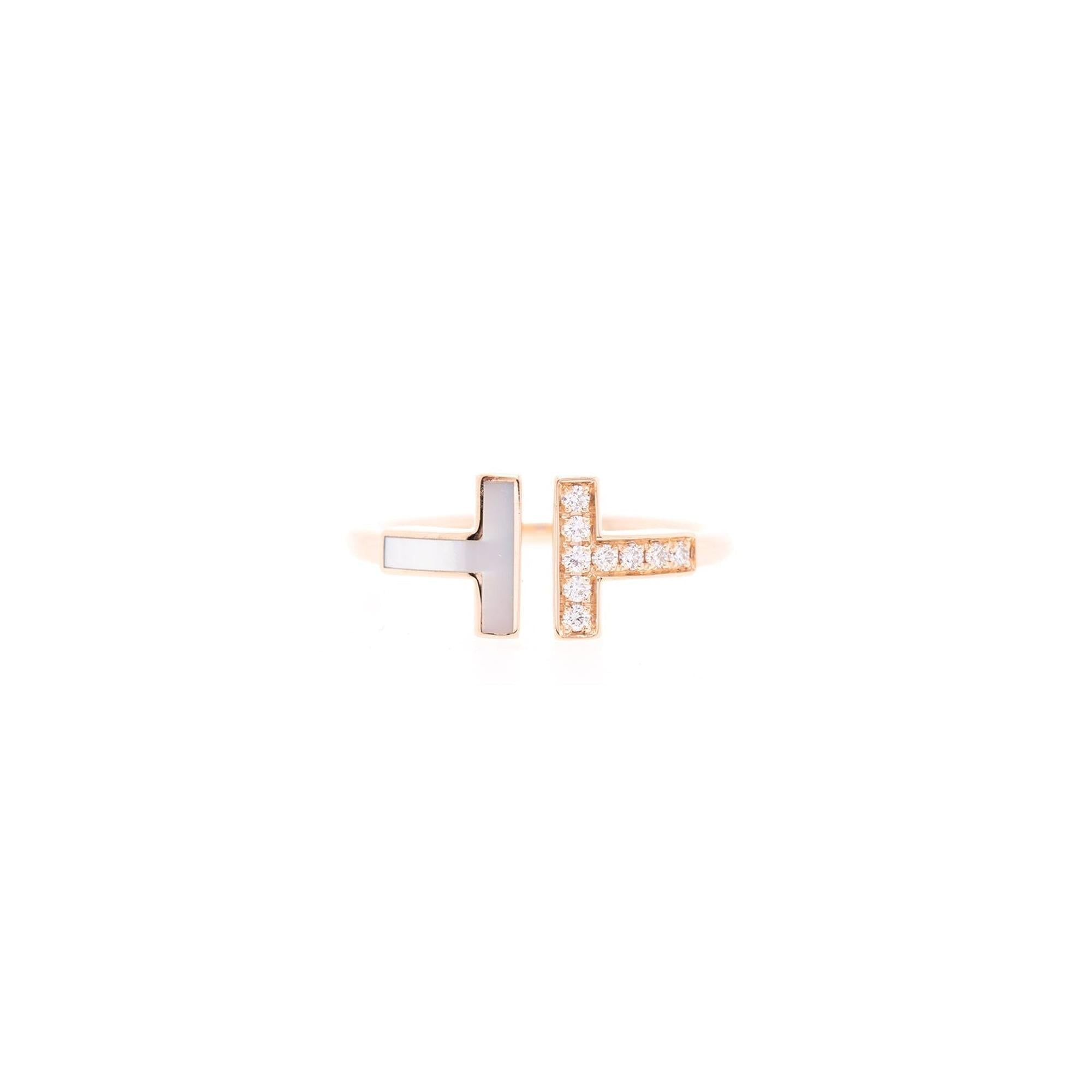 Tiffany & Co. 18k Rose Gold T Wire Ring with Diamonds & Mother of Pearl