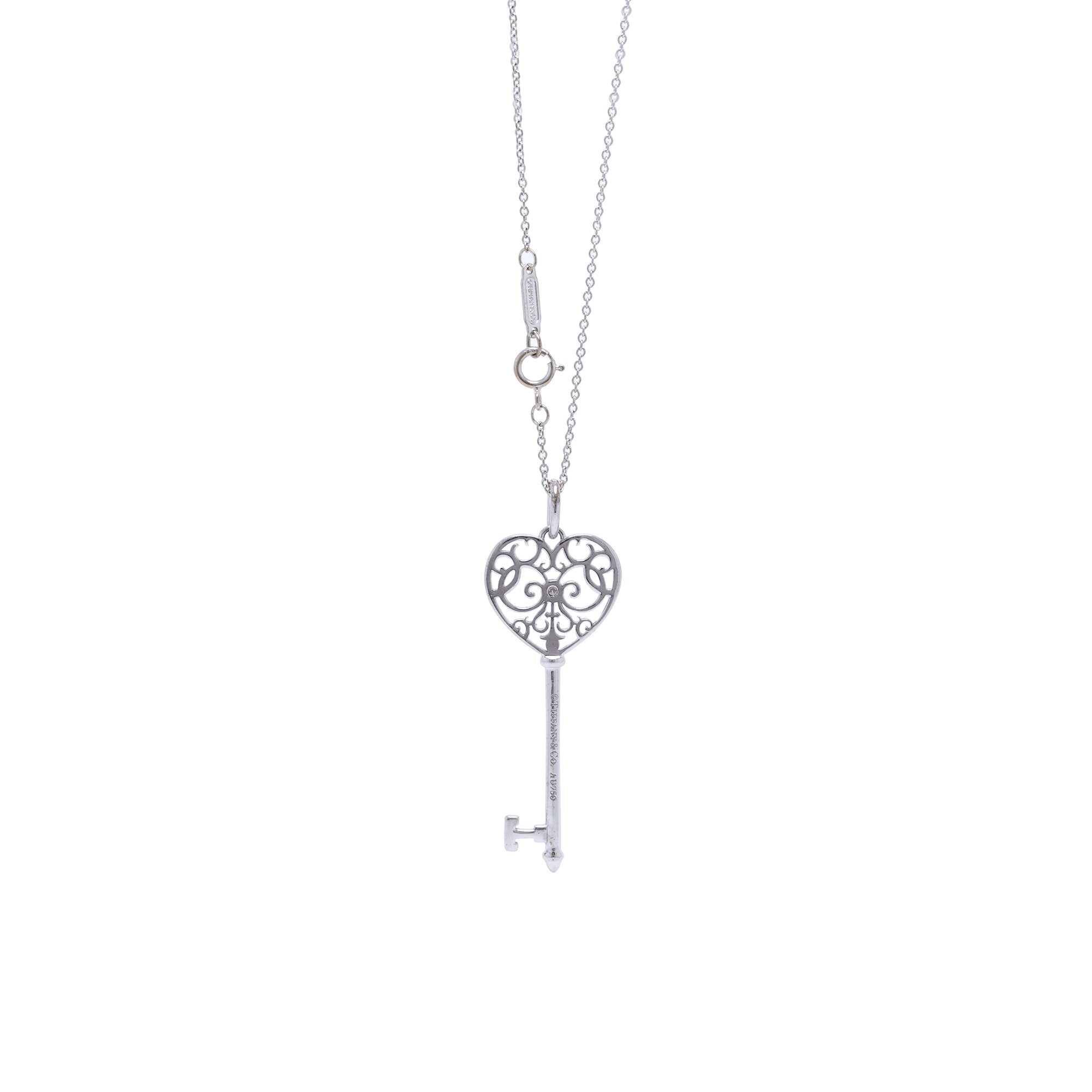 Tiffany & Co. 18k White Gold Diamond Enchant Heart Key Pendant Necklace