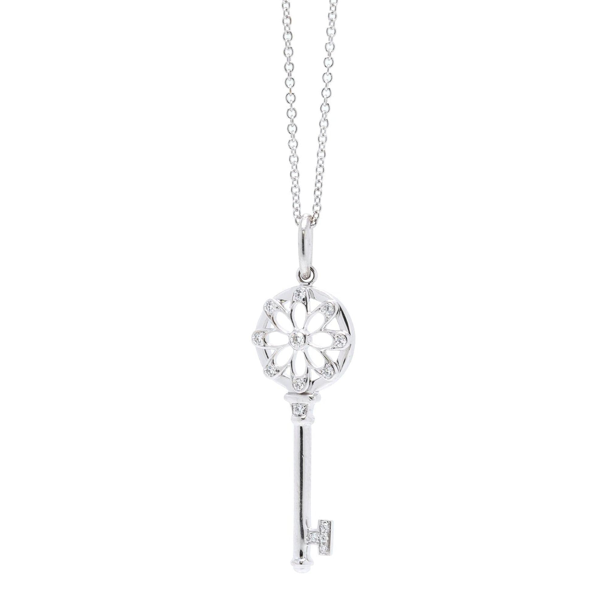 Tiffany & Co. 18k White Gold Diamond Floral Key Pendant Necklace