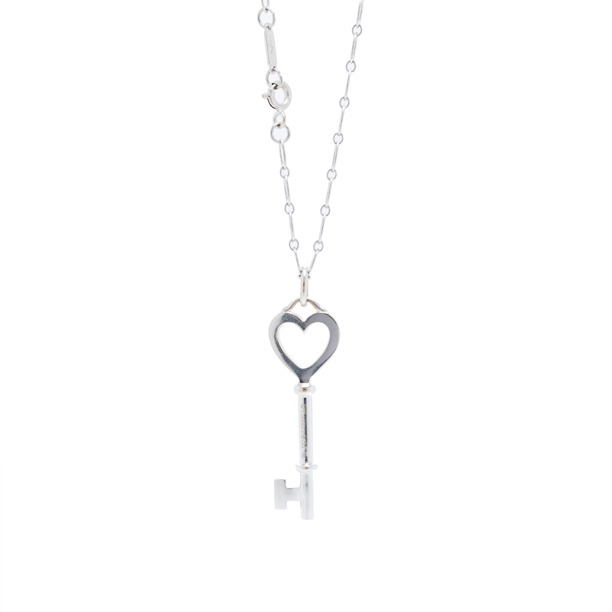 Tiffany & Co. 18k White Gold Diamond Heart Key Pendant Necklace w/ Box