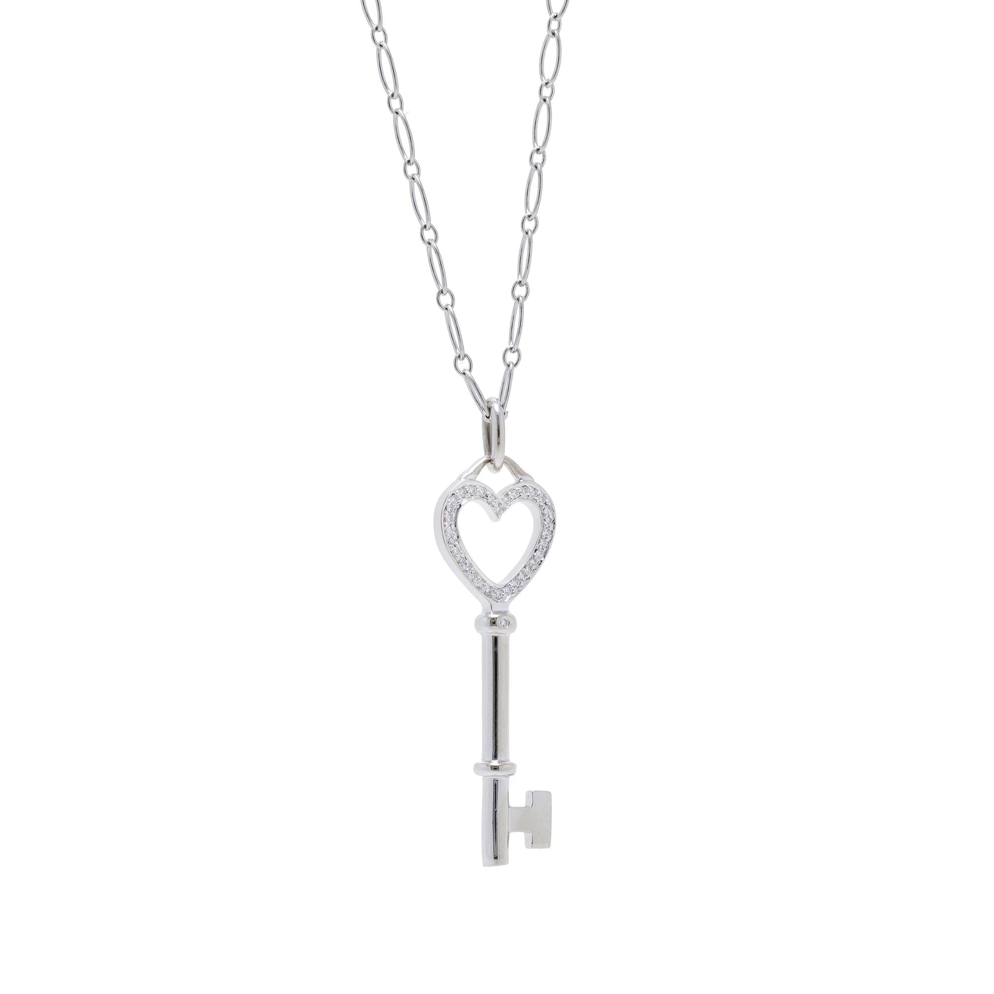 Tiffany & Co. 18k White Gold Diamond Heart Key Pendant Necklace w/ Box