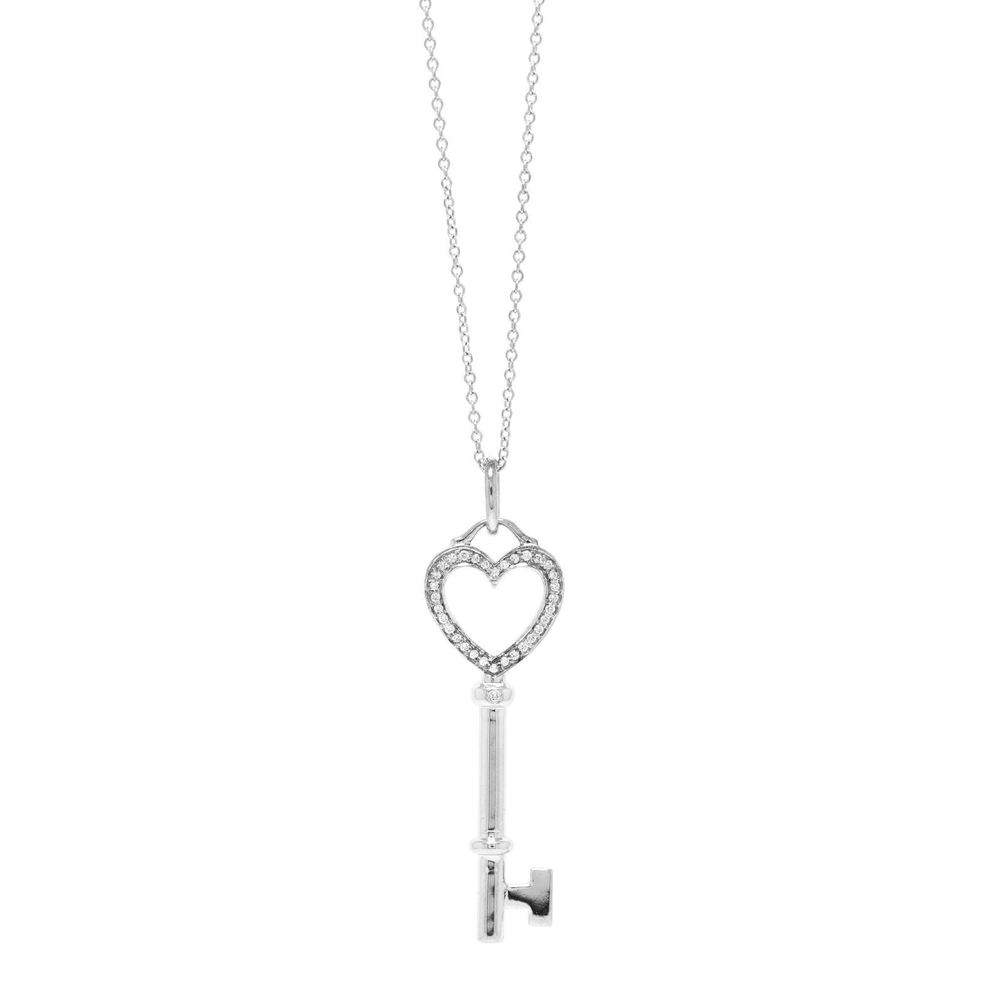 Tiffany & Co. 18k White Gold Diamond Heart Key Pendant Necklace