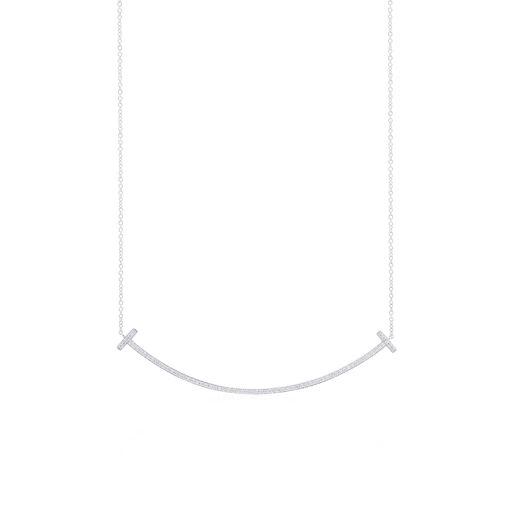 Tiffany & Co. 18k White Gold Diamond Large T Smile Pendant Necklace w/ Box