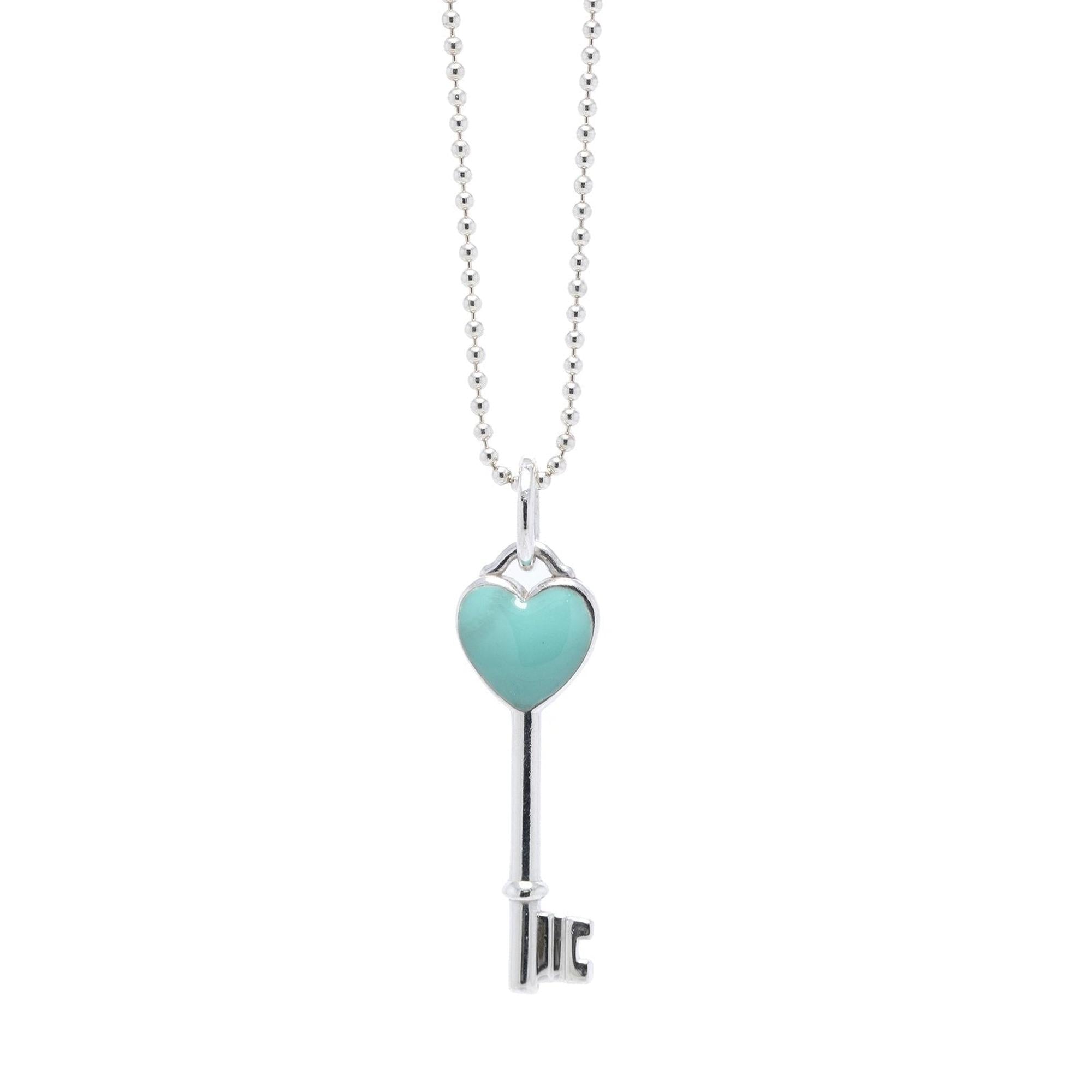Tiffany & Co. Blue Enamel Mini Heart Key Pendant Necklace