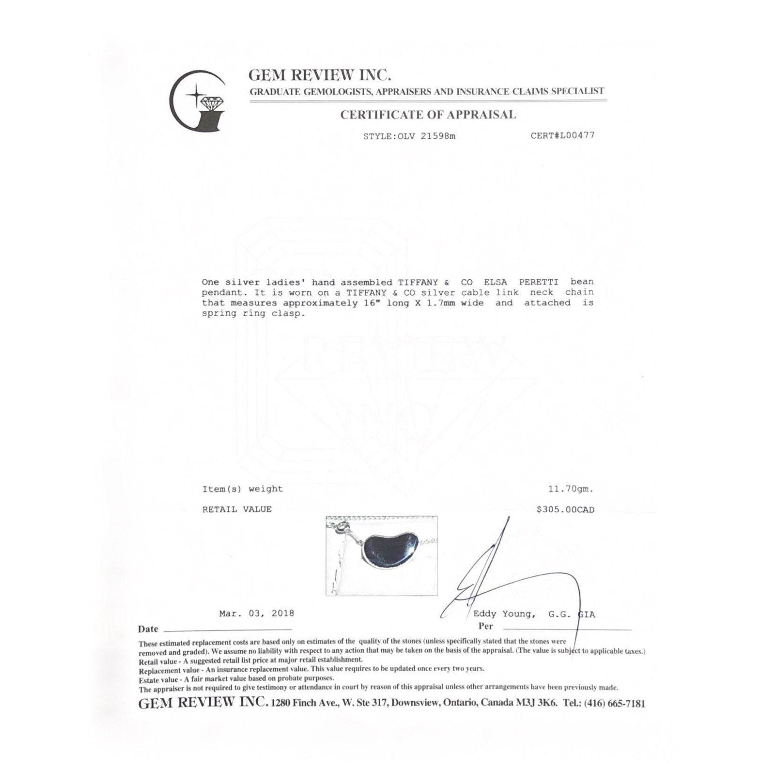 Tiffany & Co. Elsa Peretti Bean Pendant Necklace