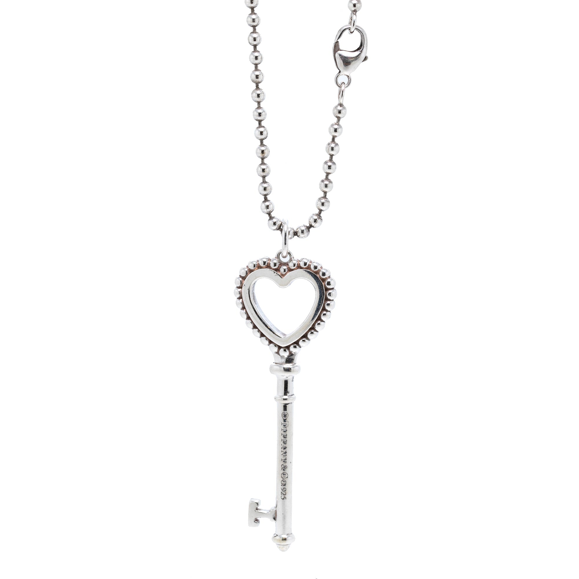 Tiffany & Co. Large Beaded Heart Key Pendant Necklace with Blue Enamel