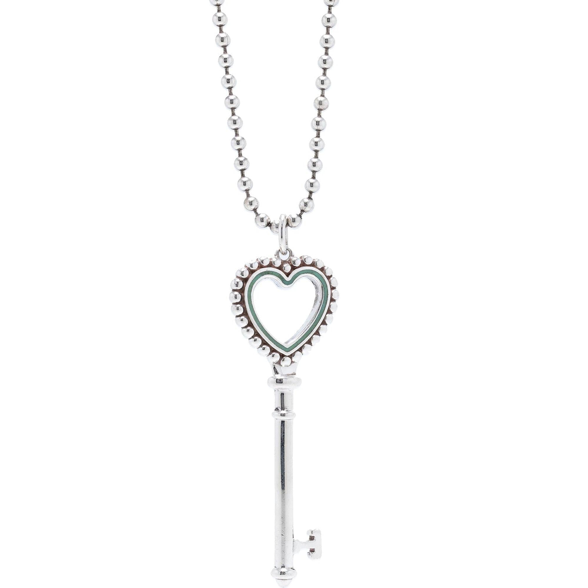 Tiffany & Co. Large Beaded Heart Key Pendant Necklace with Blue Enamel