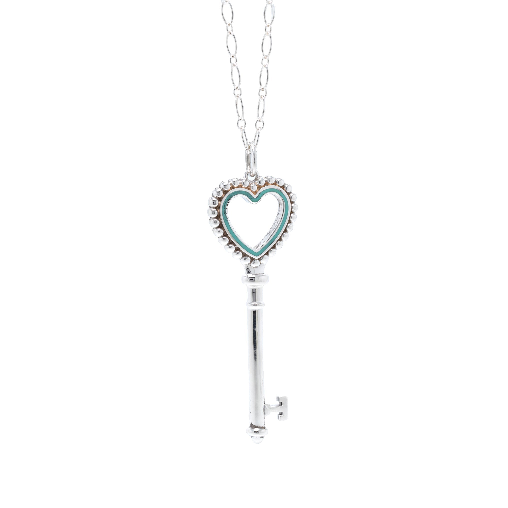 Tiffany & Co. Large Beaded Heart Key Pendant Necklace with Blue Enamel