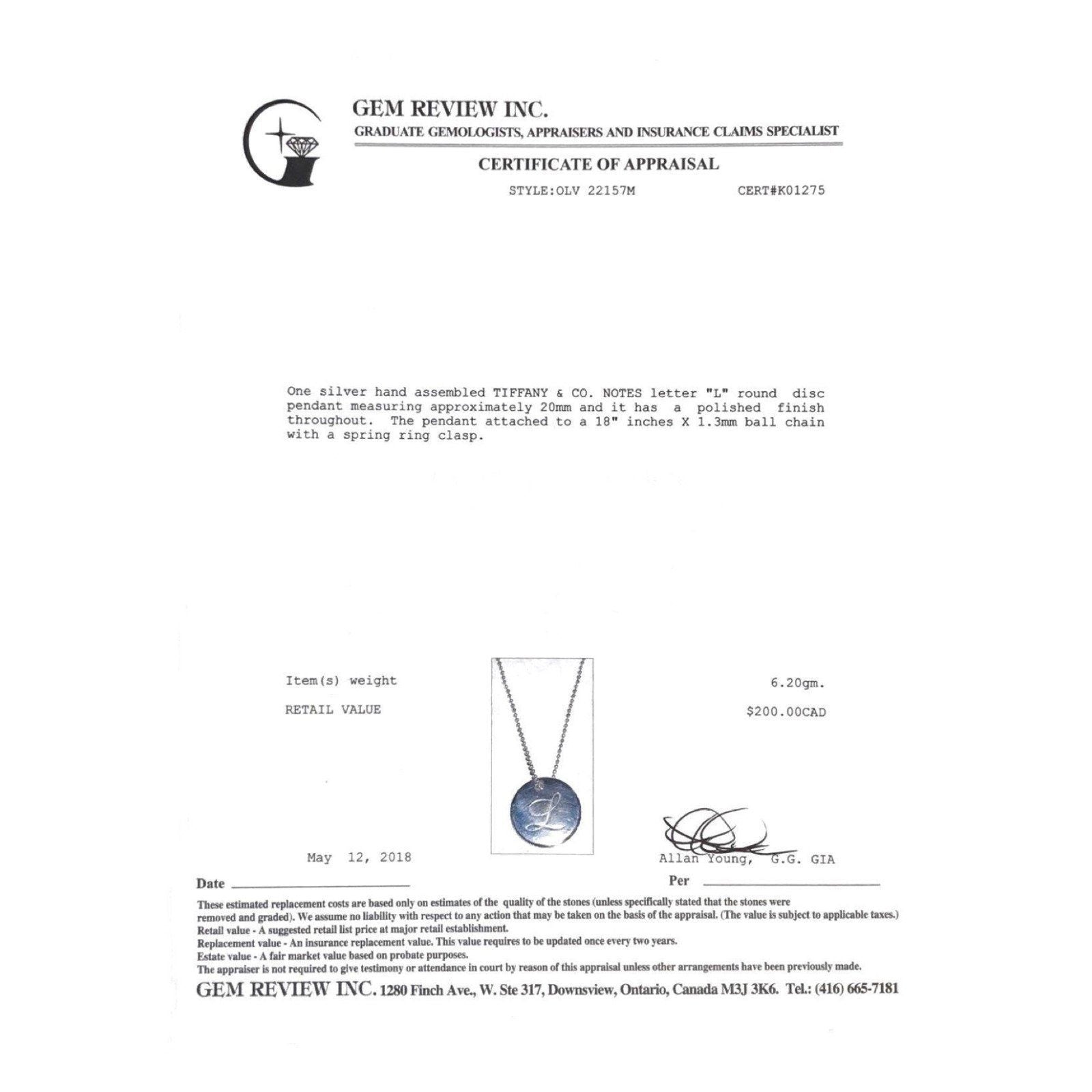Tiffany & Co. Notes Letter 'L' Disc Charm Pendant Necklace