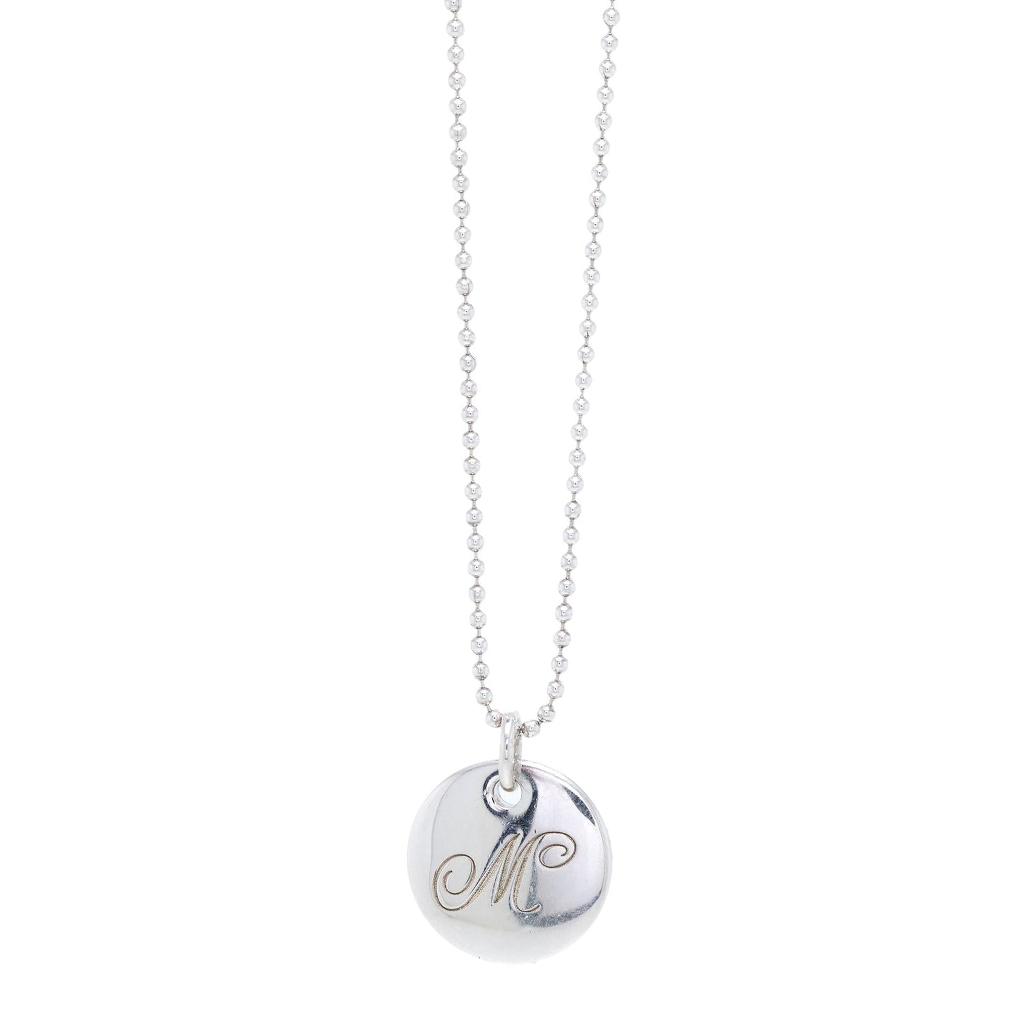Tiffany & Co. Notes Letter 'M' Disc Charm Pendant Necklace