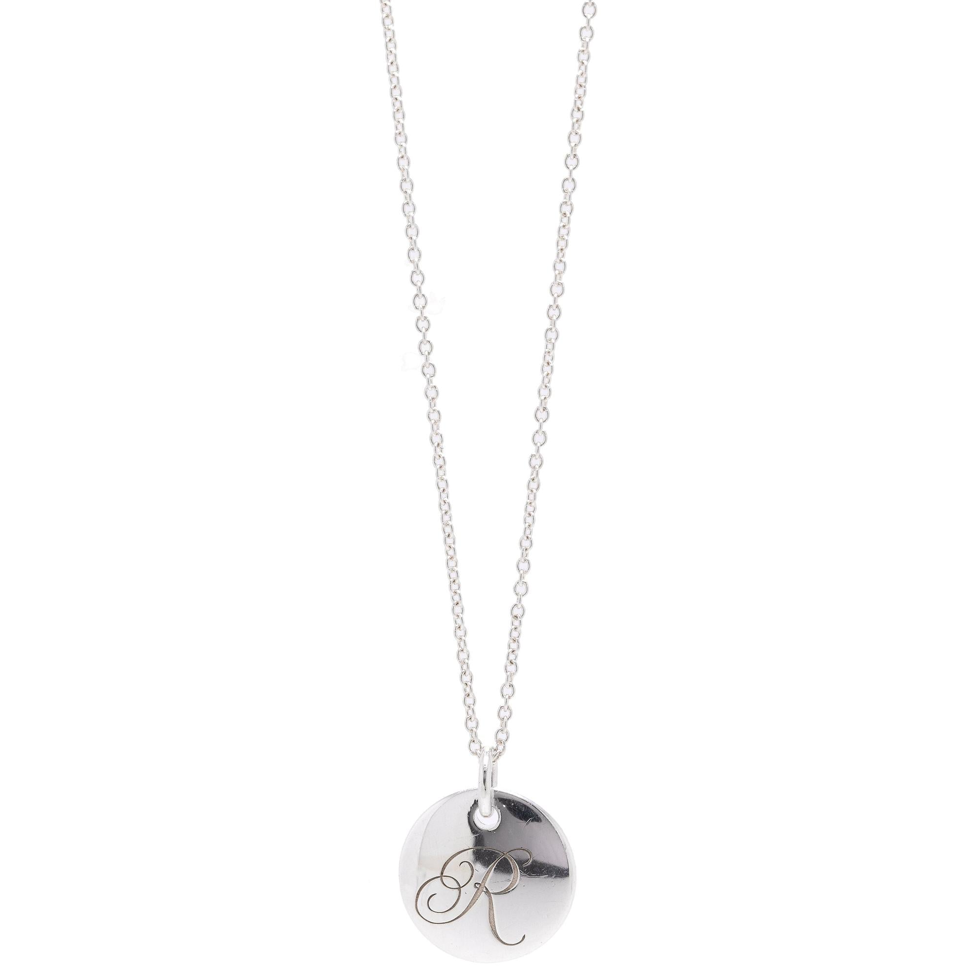 Tiffany & Co. Notes Letter 'R' Disc Charm Pendant Necklace