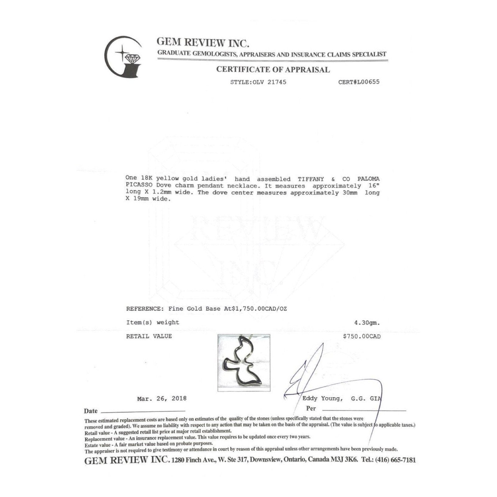 Tiffany & Co. Paloma Picasso Dove Pendant Necklace