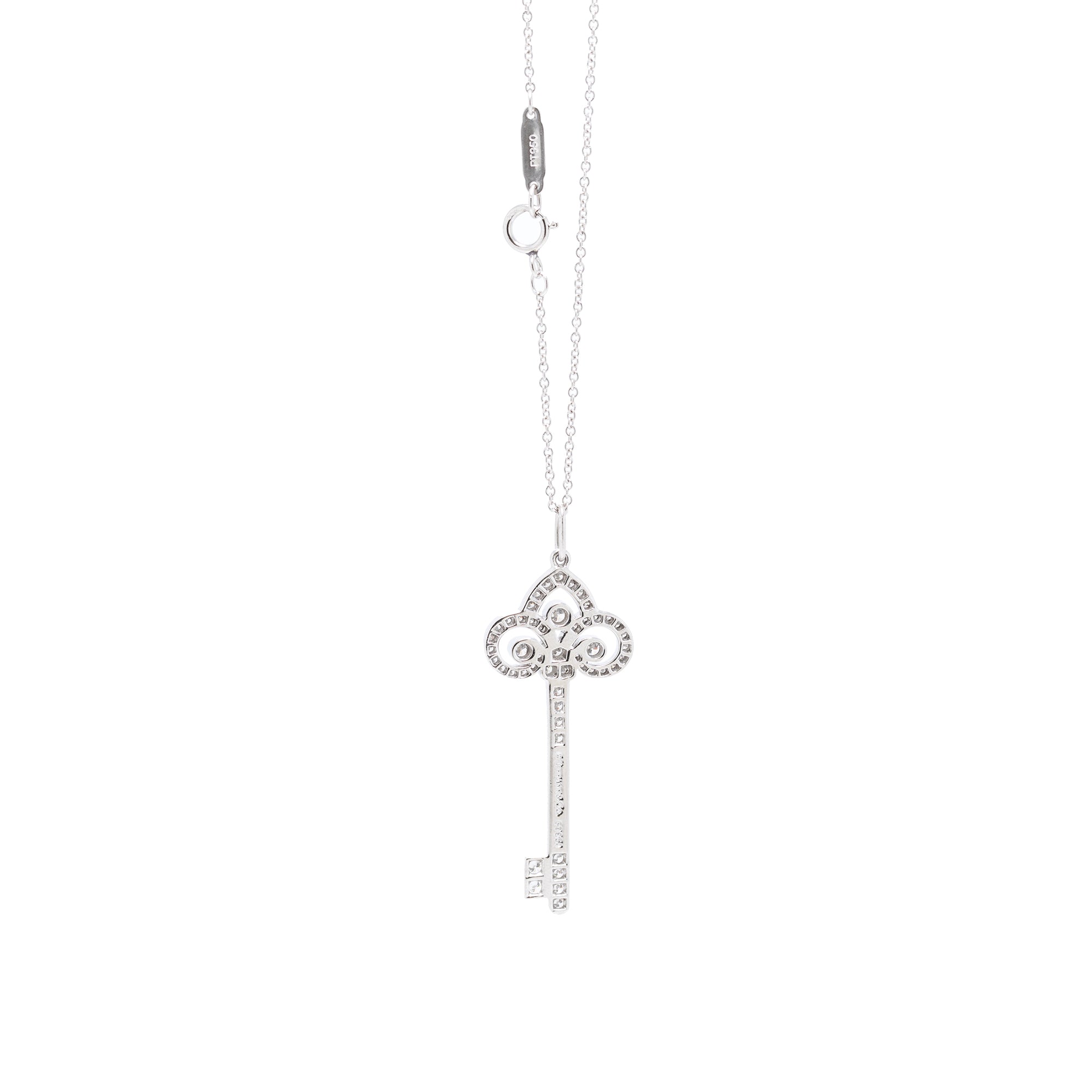 Tiffany & Co. Platinum Diamond Fleur de Lis Key Pendant Necklace w/ Box