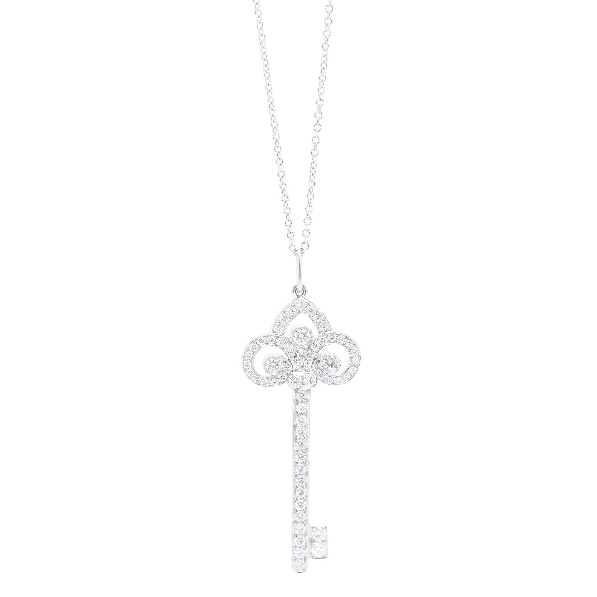 Tiffany & Co. Platinum Diamond Fleur de Lis Key Pendant Necklace w/ Box