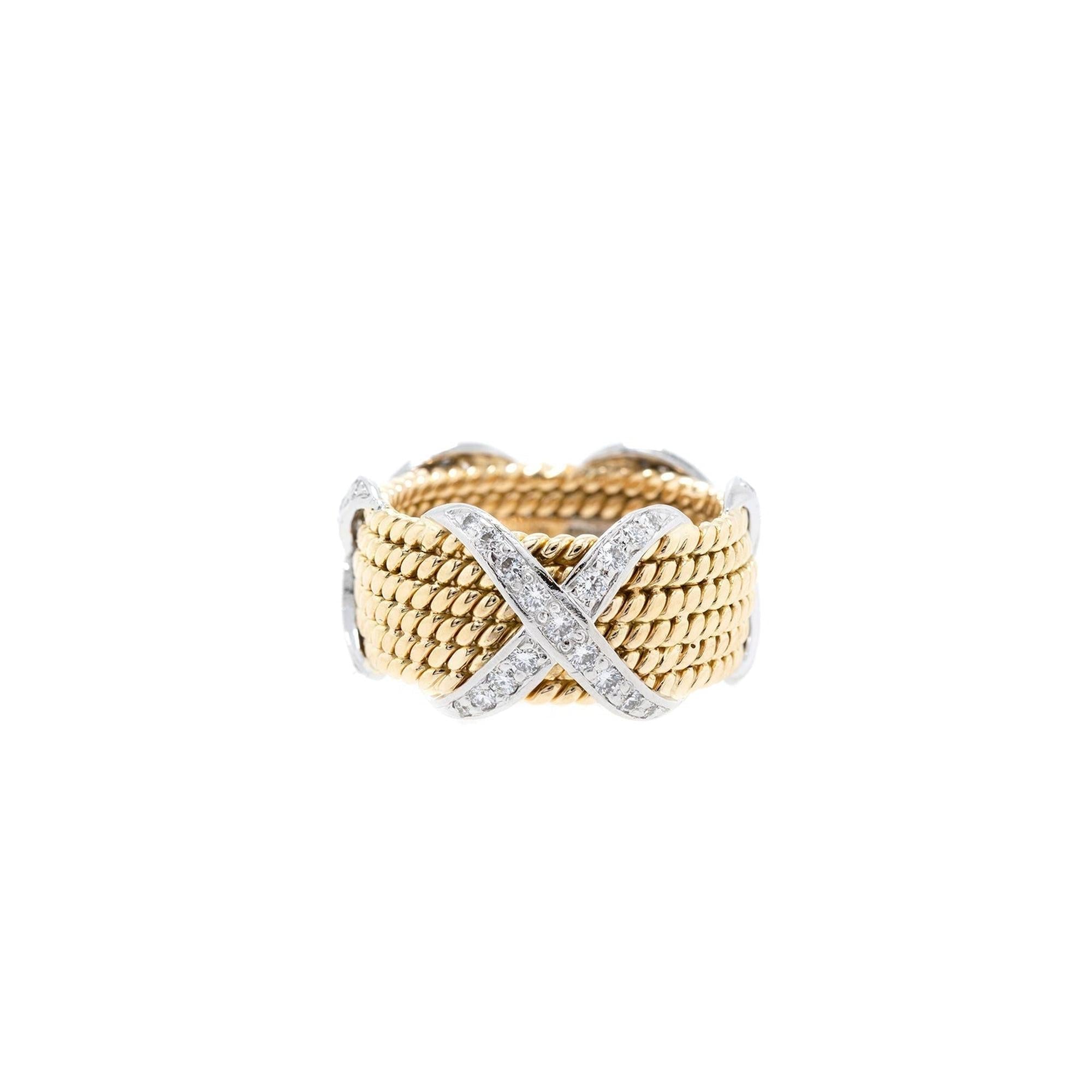 Tiffany & Co. Schlumberger 18k Gold & Platinum Rope Six-Row Diamond "X" Ring