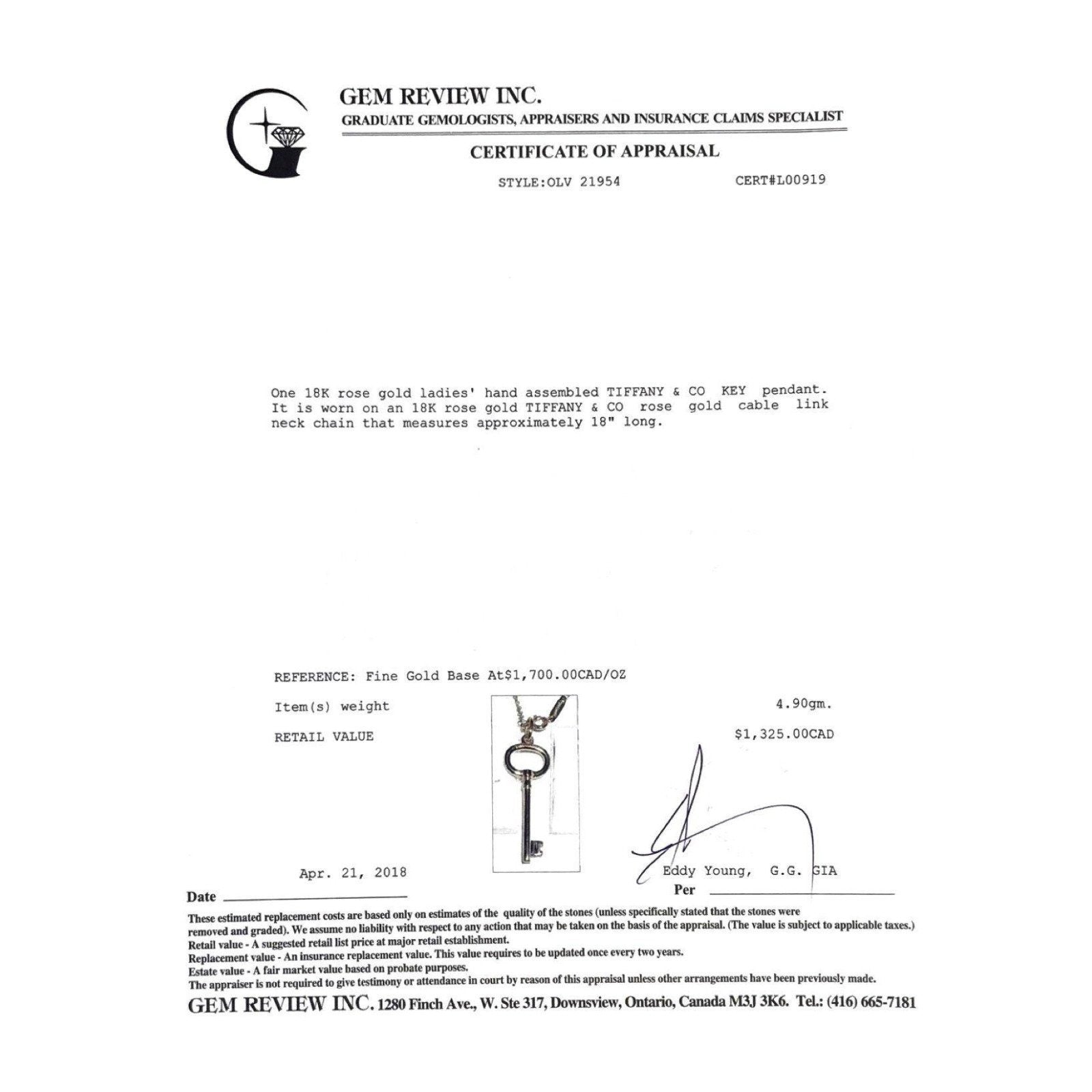 Tiffany & Co. Small Gold Oval Key Pendant Necklace