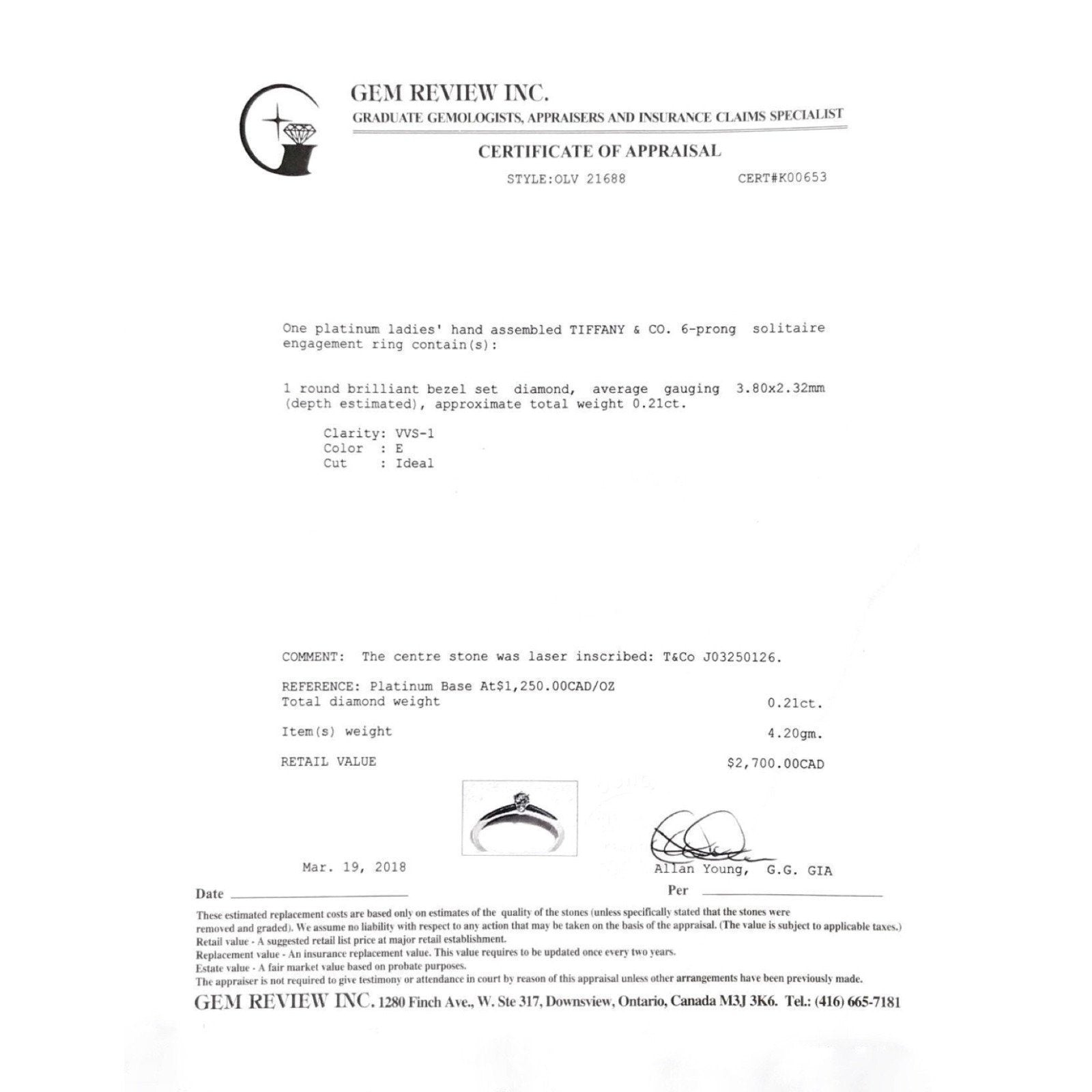 Tiffany & Co. Solitaire 0.21ct Round Diamond Engagement Ring