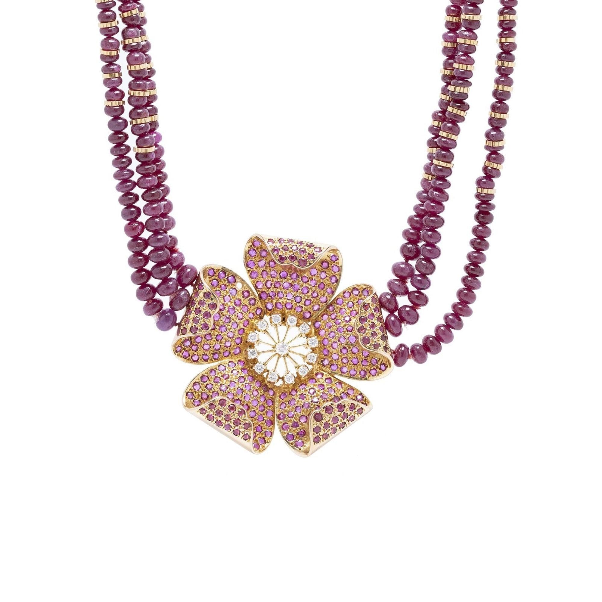 Triple Strand Ruby and Diamond Flower Pendant Necklace