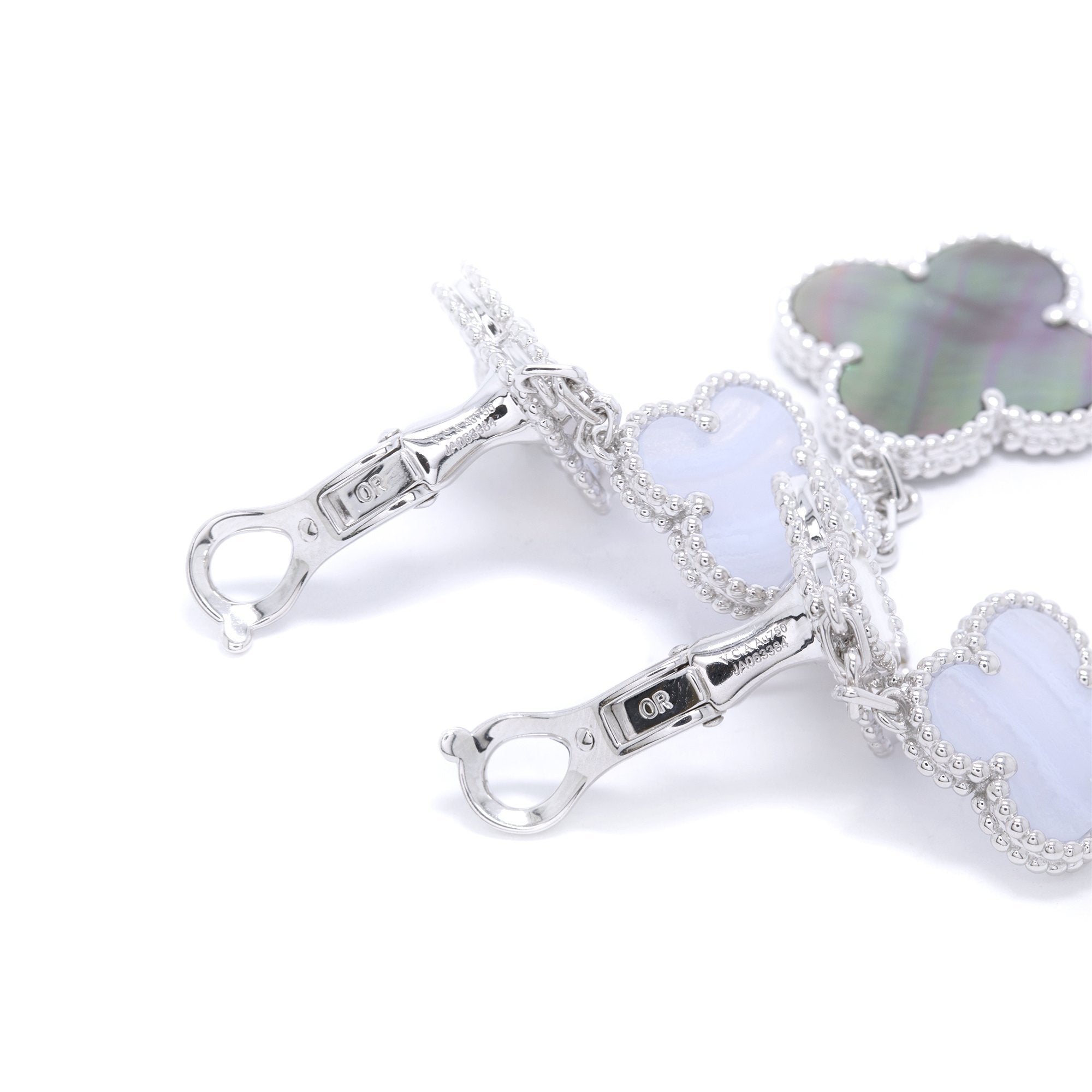 Van Cleef & Arpels 18k White Gold Magic Alhambra Earrings, 3 Motifs w/ Box