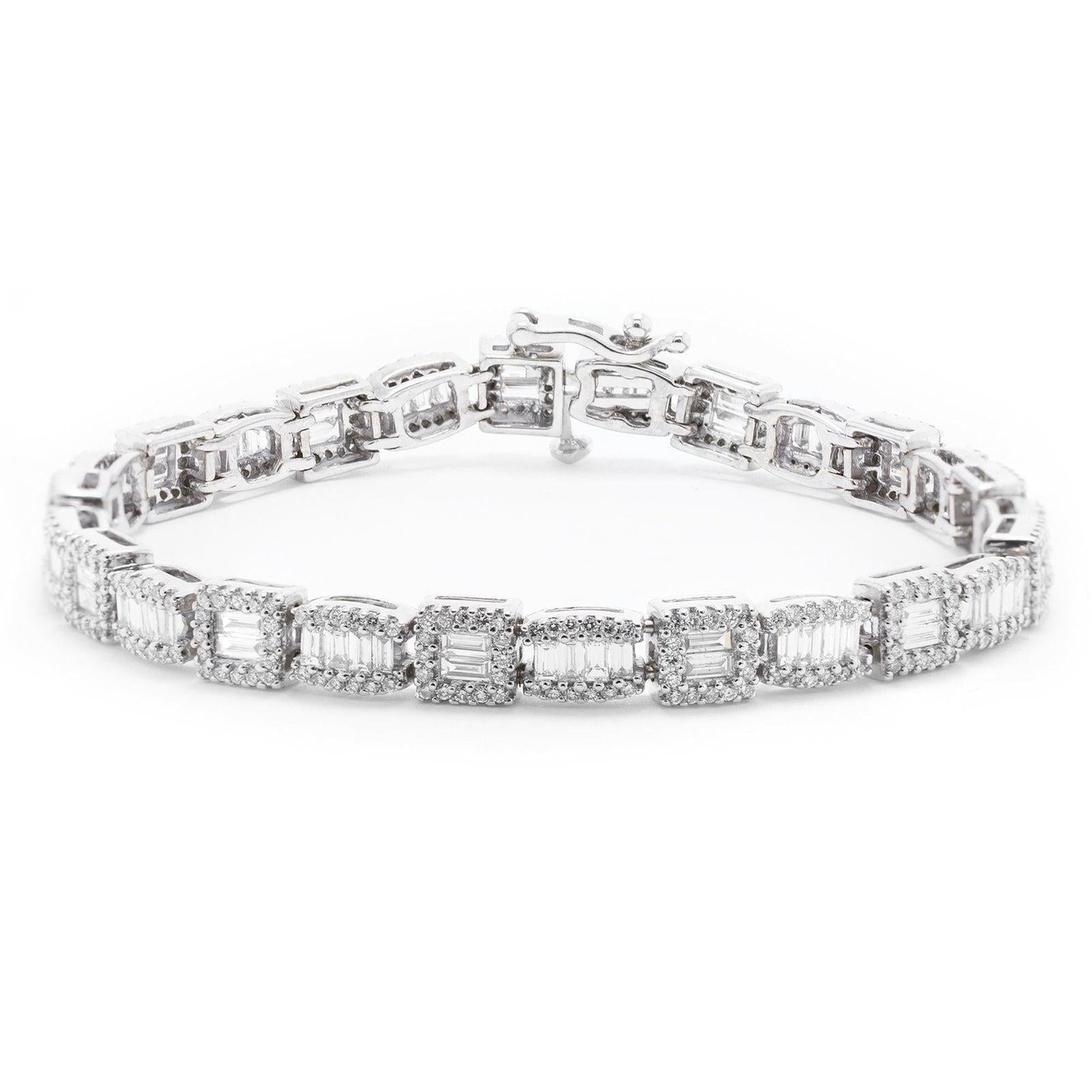 White Gold Baguette and Round Cut Diamond Link Bracelet