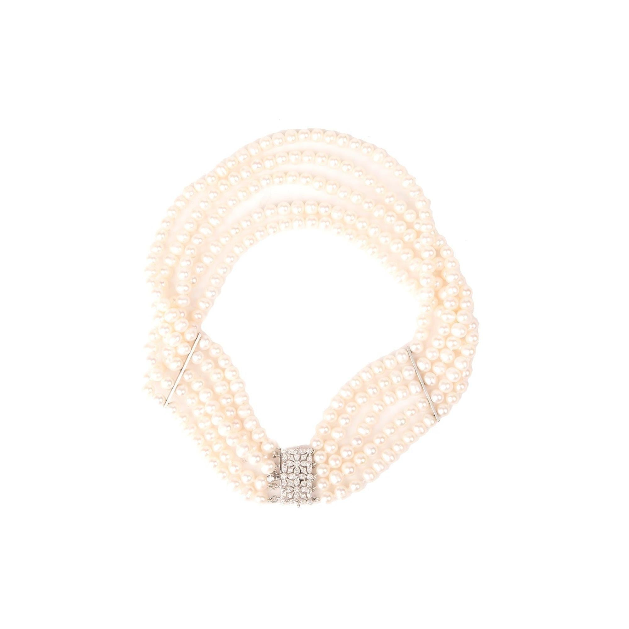 White Gold & Diamond Five-Row Pearl Necklace