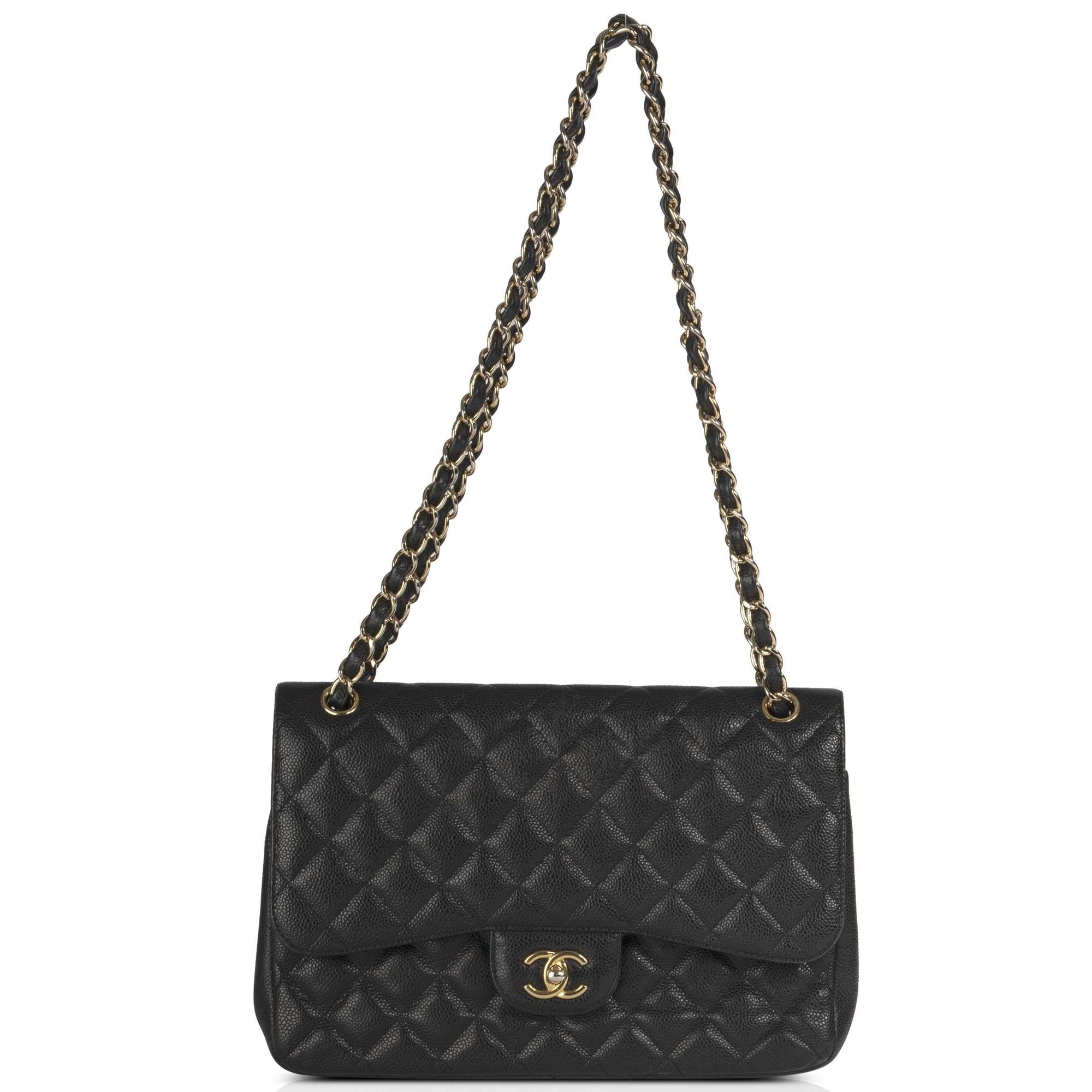 Chanel Black Caviar Classic Jumbo Double Flap Bag w/ Authenticity Card