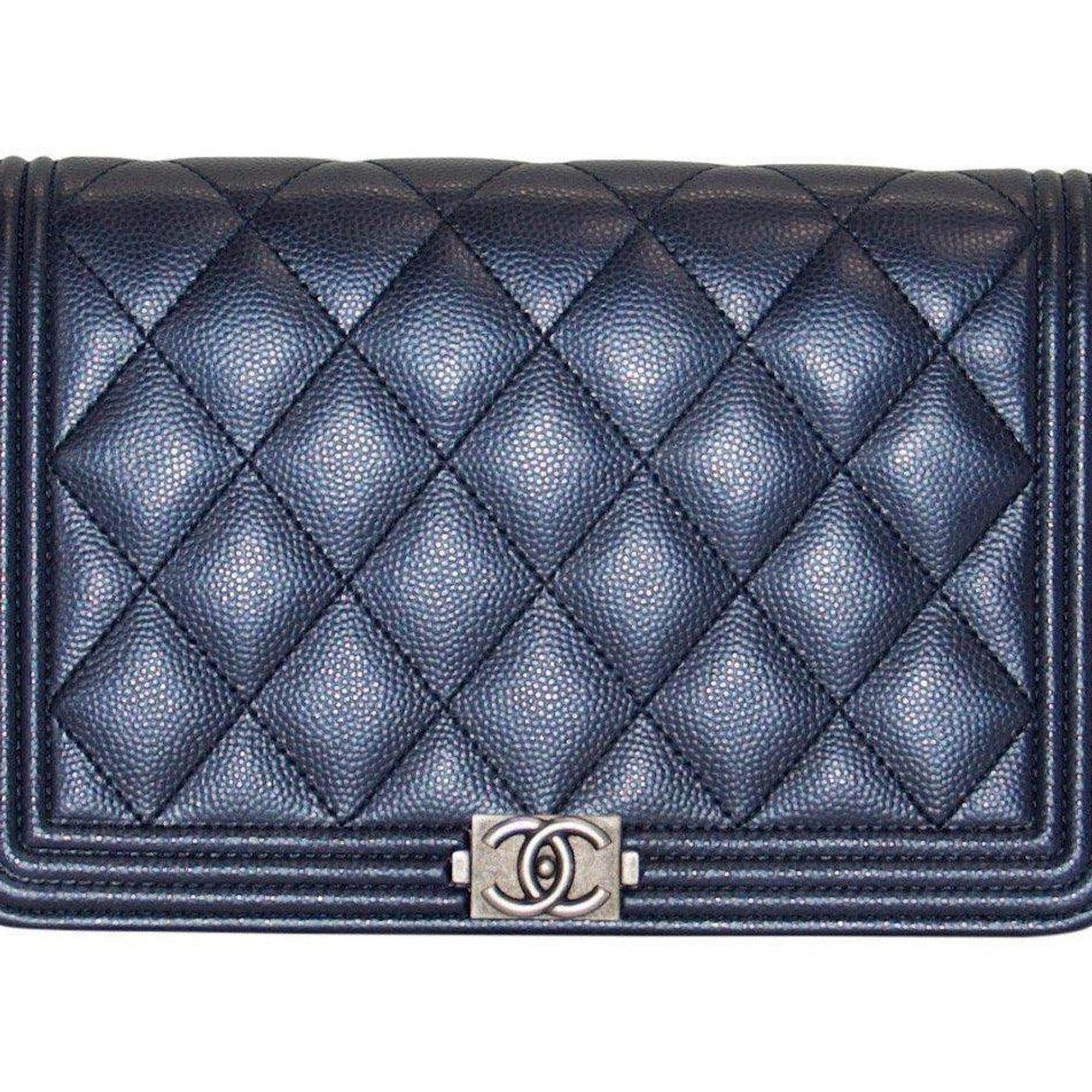 Chanel Metallic Blue Quilted Boy Wallet on Chain