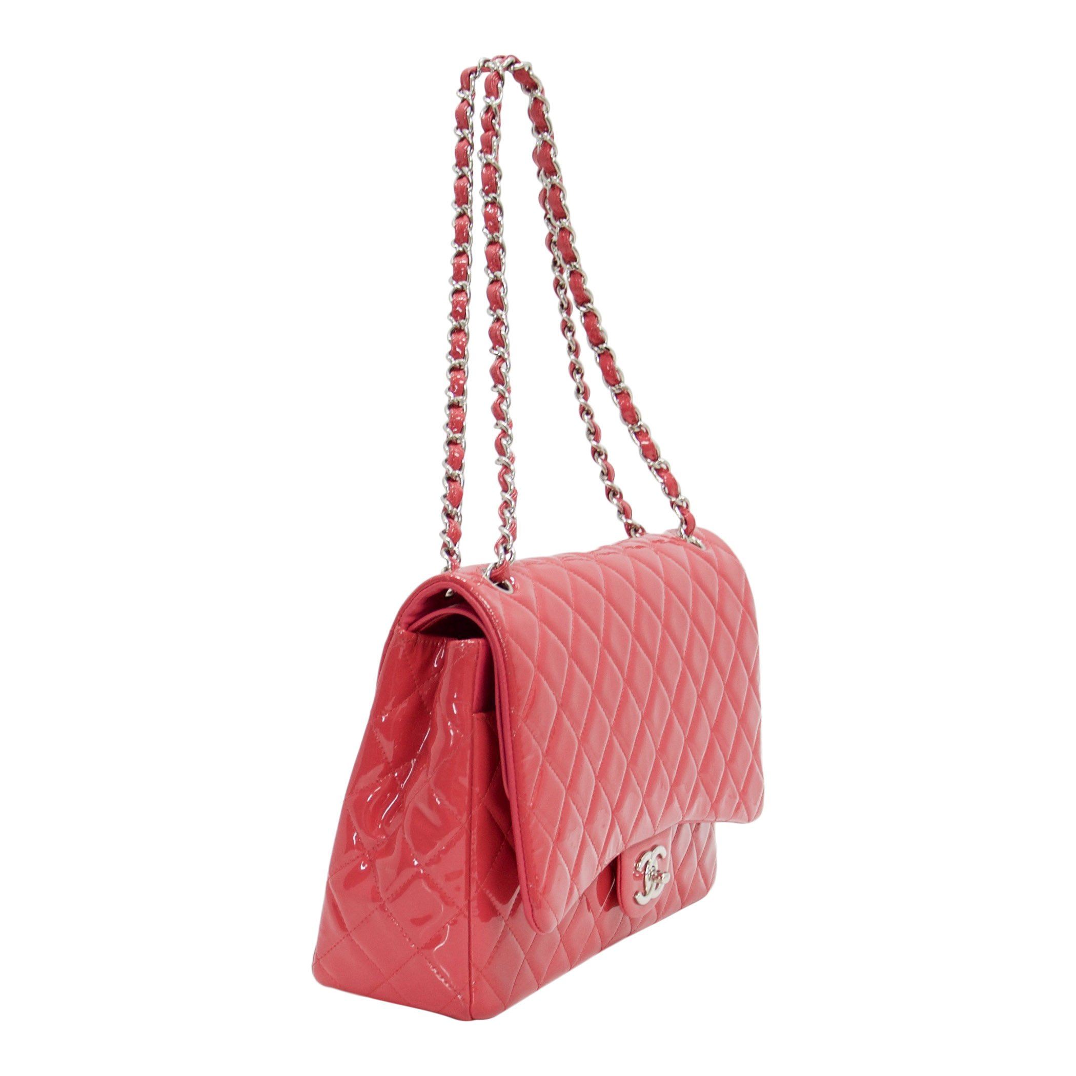 Chanel Pink Patent Leather Classic Maxi Double Flap Bag