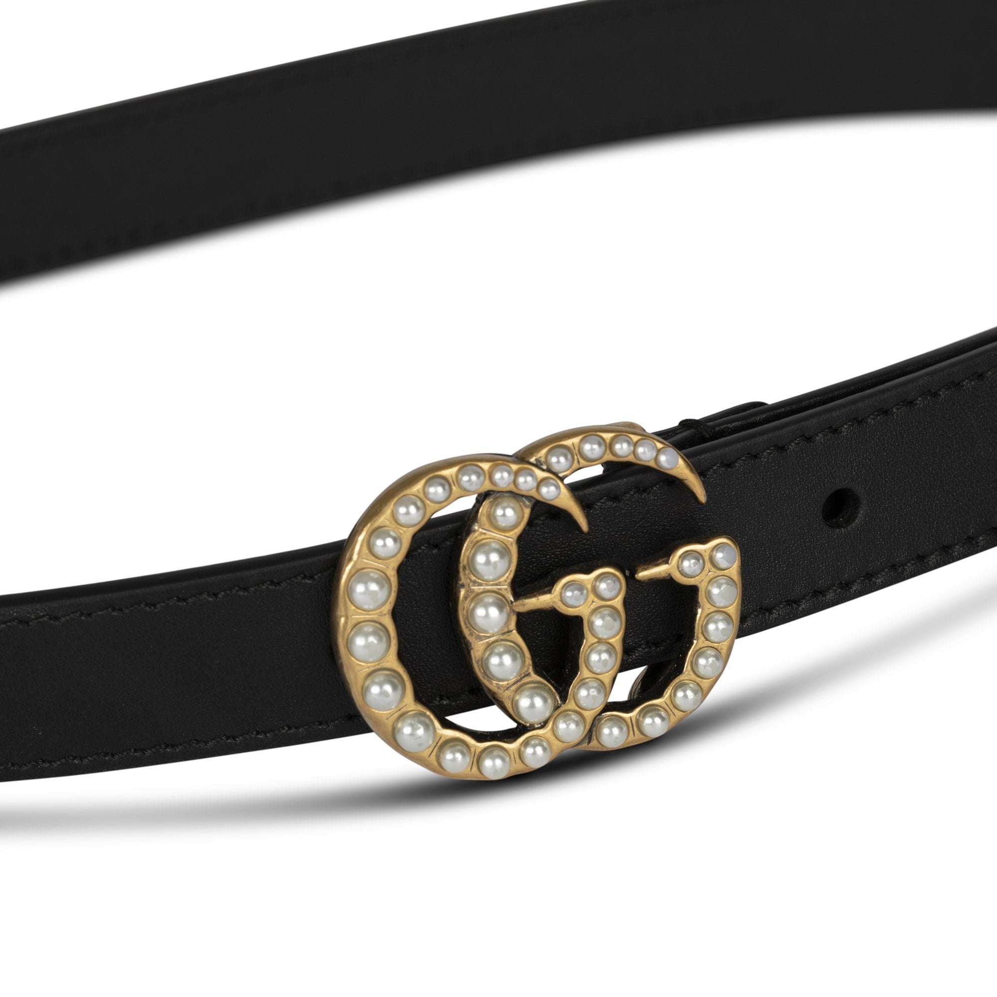Gucci Black Leather Belt with Pearl Double G Buckle