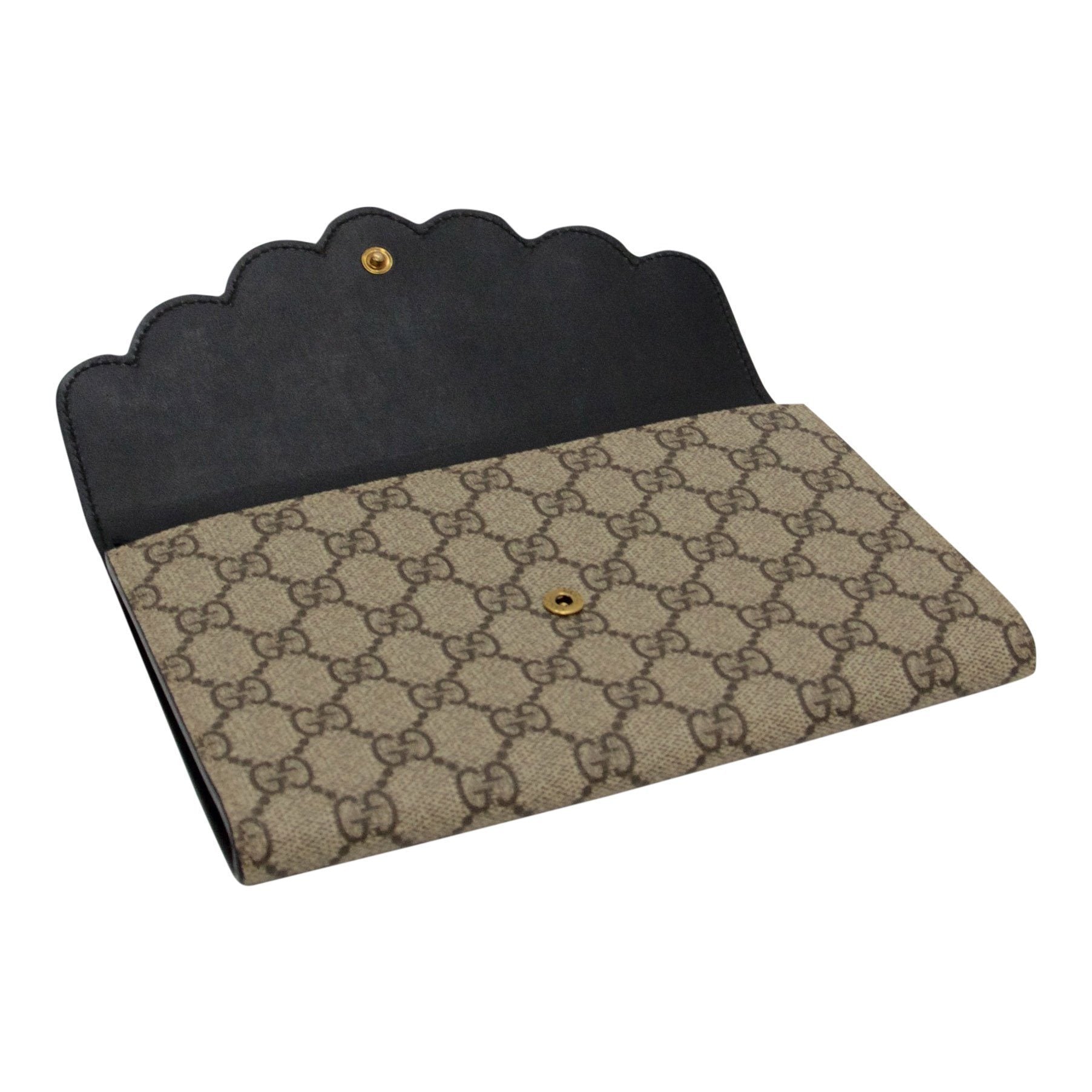Gucci GG Canvas Supreme Pearl Studded and Black Leather Clutch