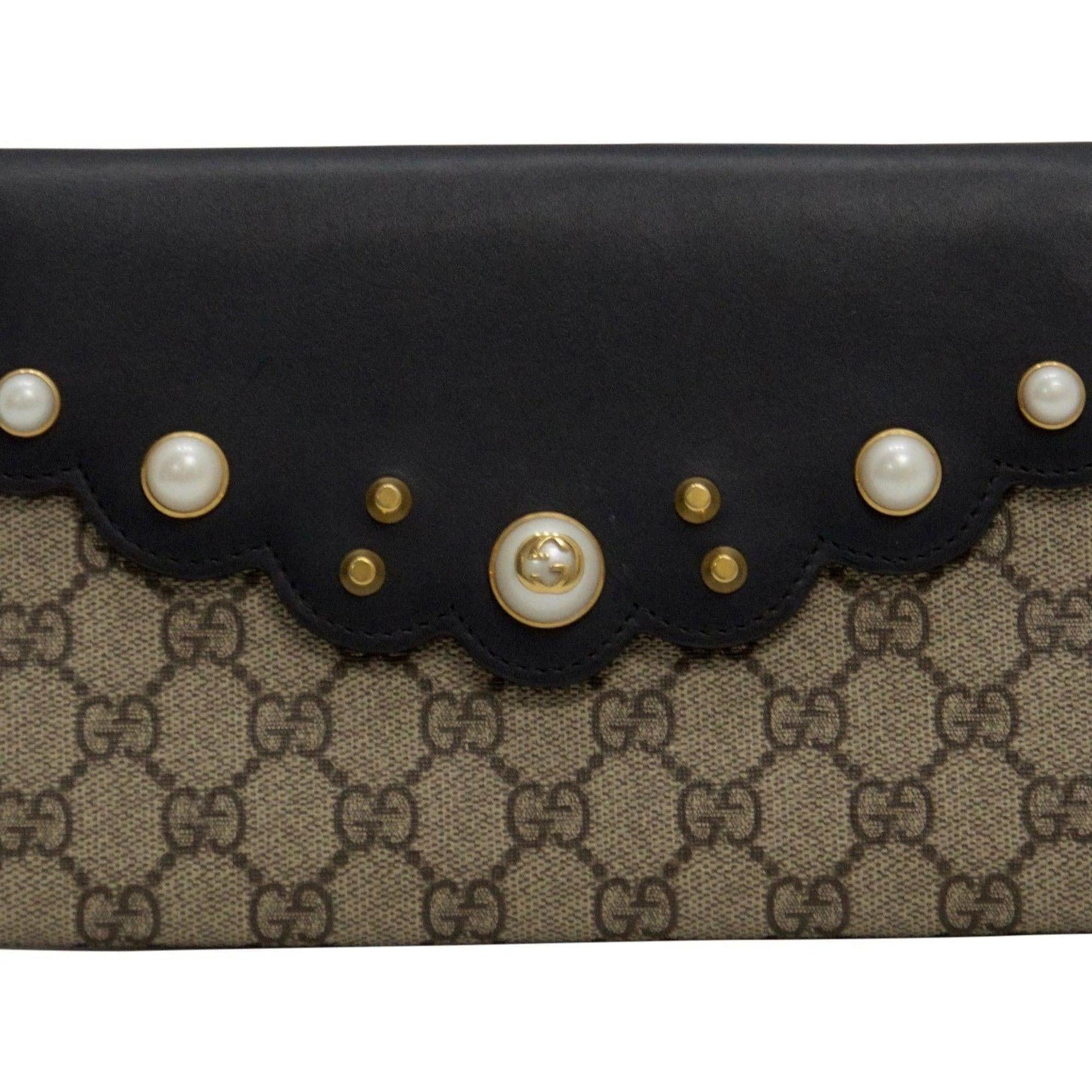 Gucci GG Canvas Supreme Pearl Studded and Black Leather Clutch