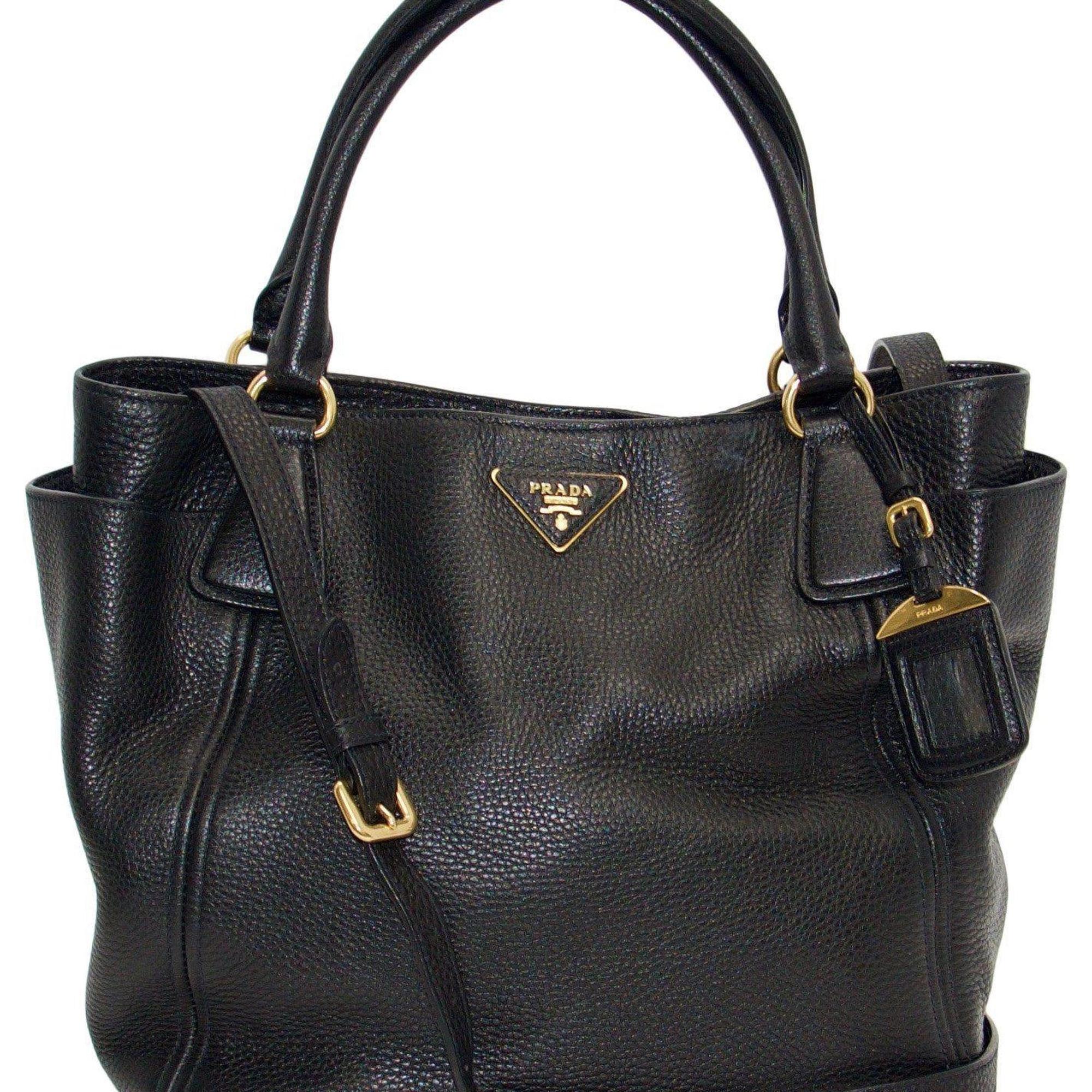 Prada Black Vitello Daino Side Pocket Hobo