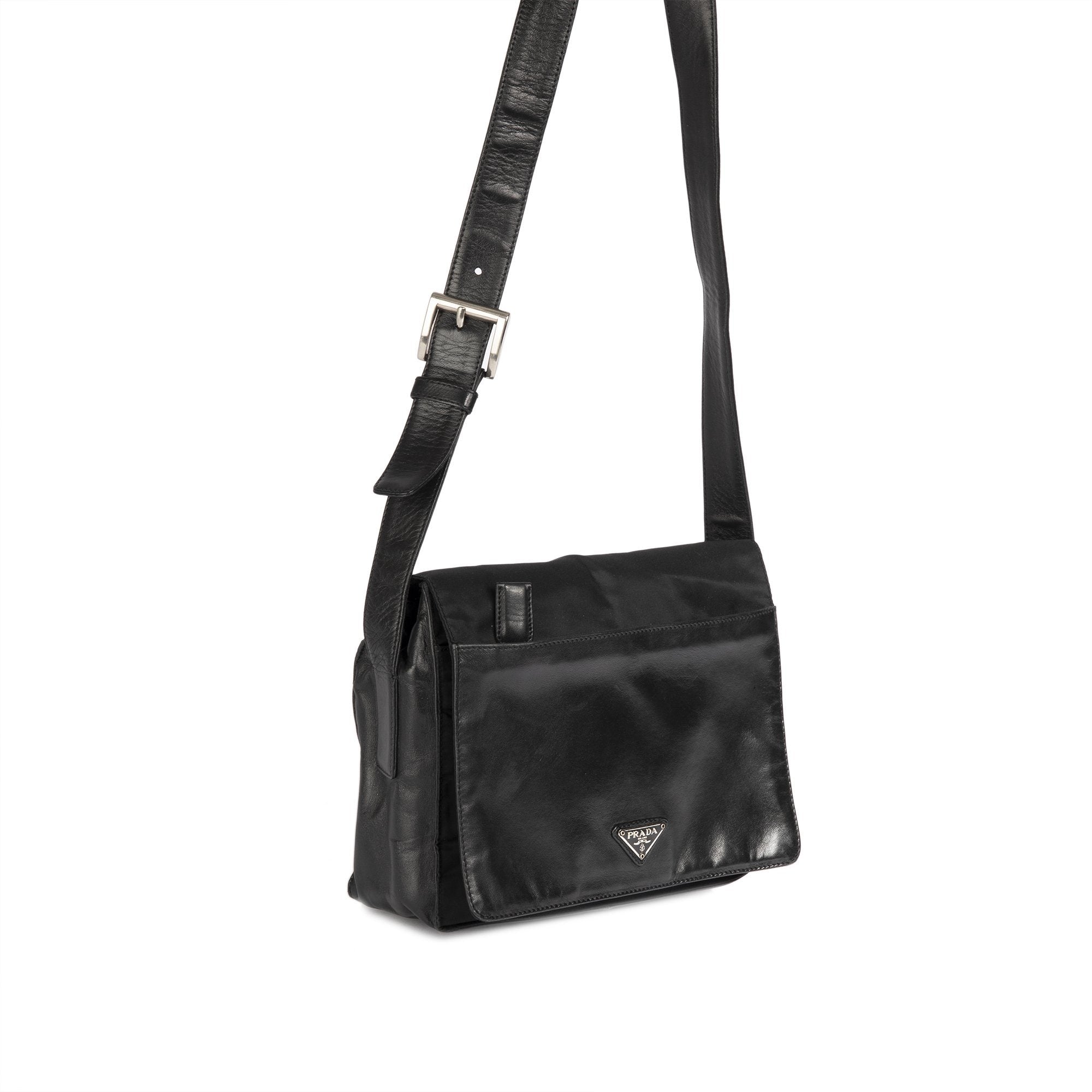 Prada Vintage Leather-Trimmed Tessuto Nylon Messenger Bag