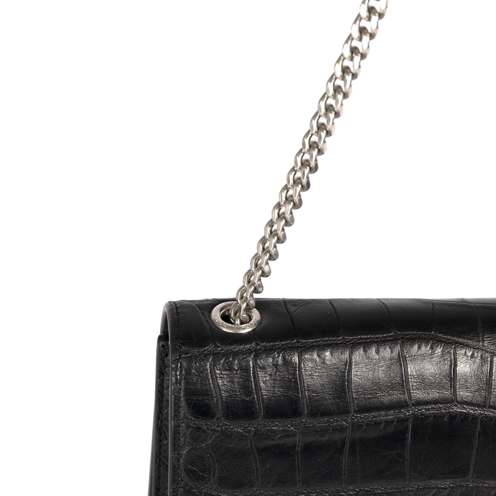 YSL Black Medium Croc Embossed Monogram Kate Tassel Bag w/ Box