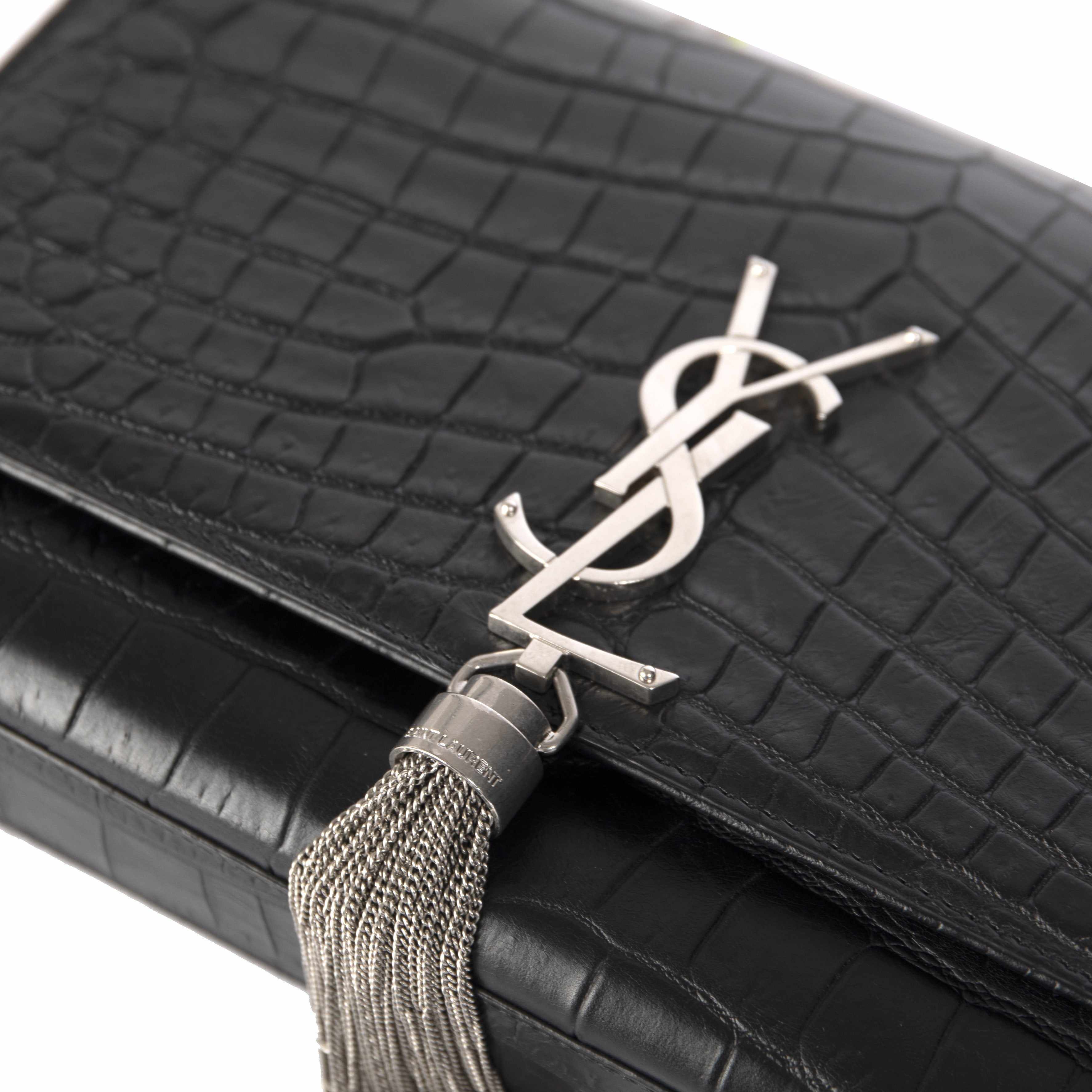 YSL Black Medium Croc Embossed Monogram Kate Tassel Bag w/ Box