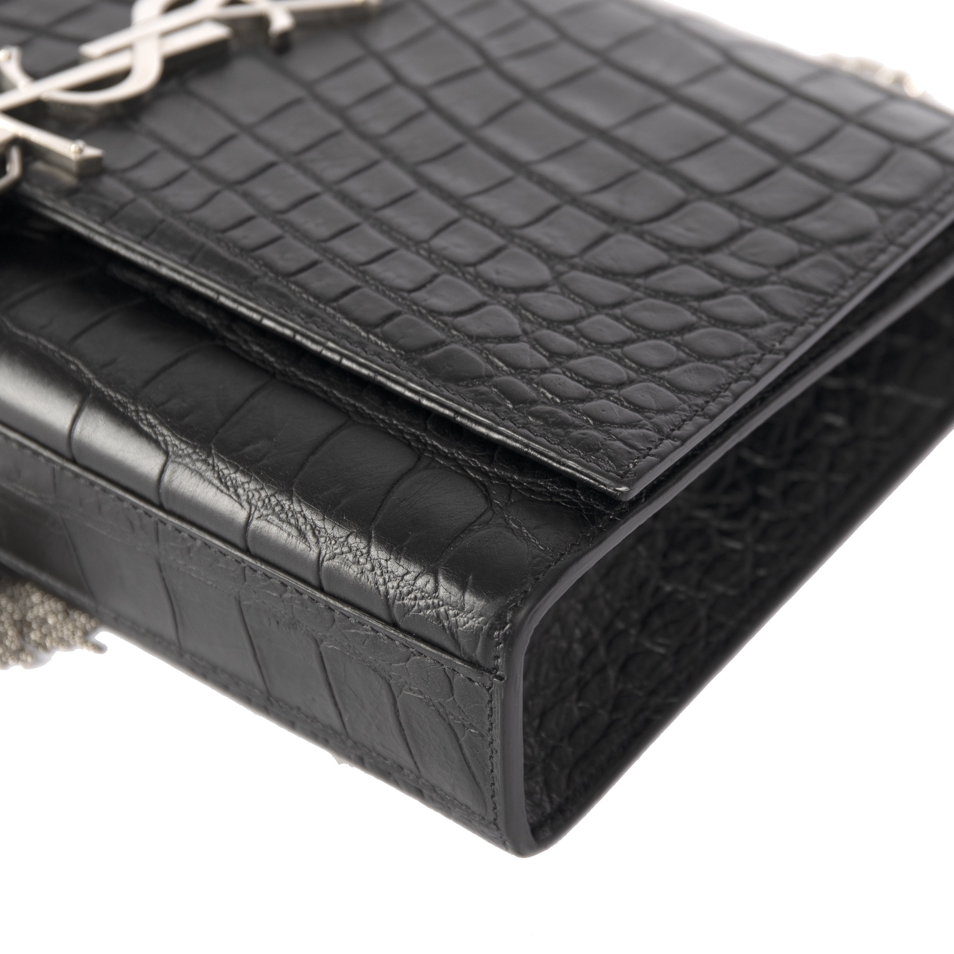 YSL Black Medium Croc Embossed Monogram Kate Tassel Bag w/ Box