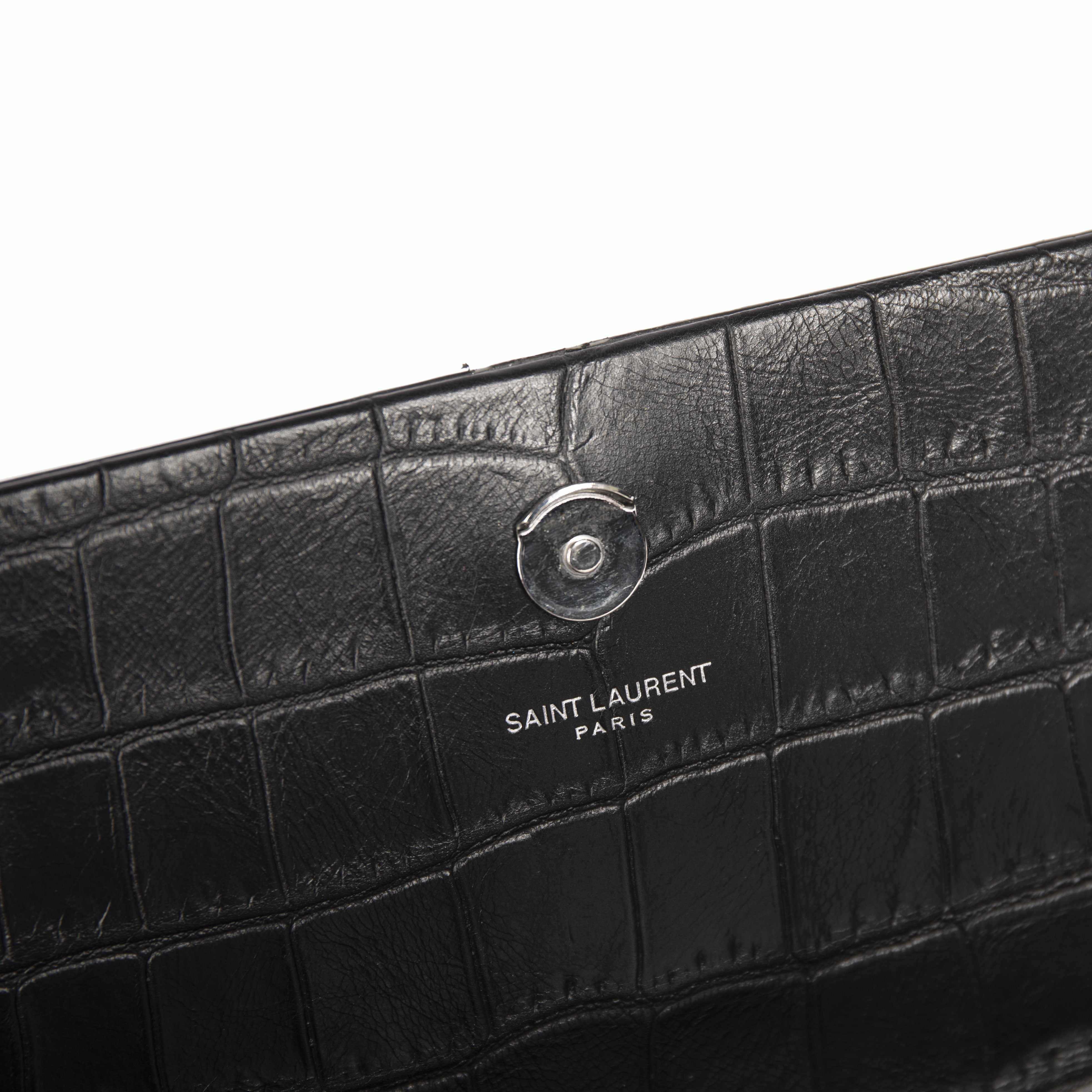 YSL Black Medium Croc Embossed Monogram Kate Tassel Bag w/ Box